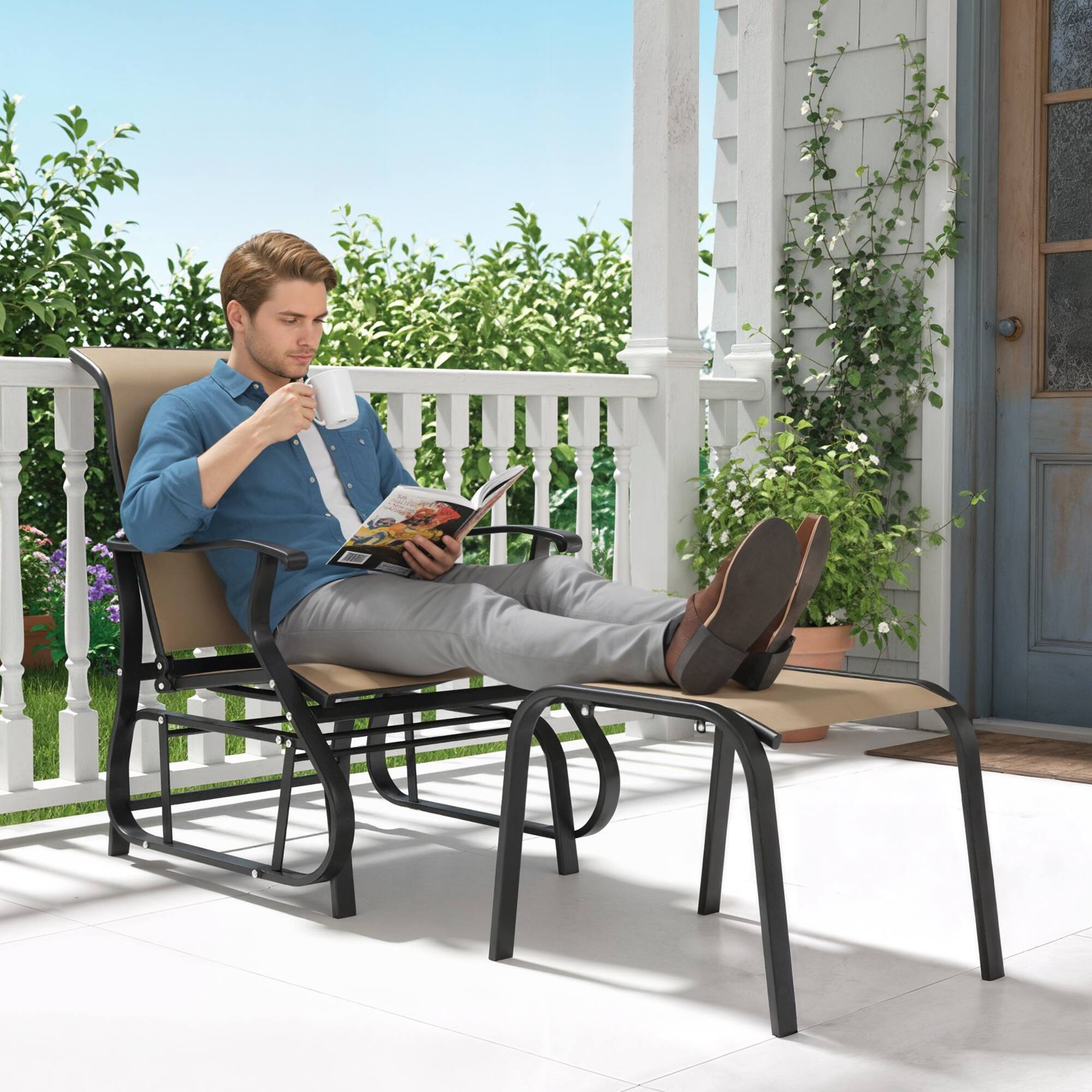 Alt View 1. Outsunny - Glider with Ottoman, Patio Glider Chair Set with High Back, Wide Seat for Porch, Garden - Tan.