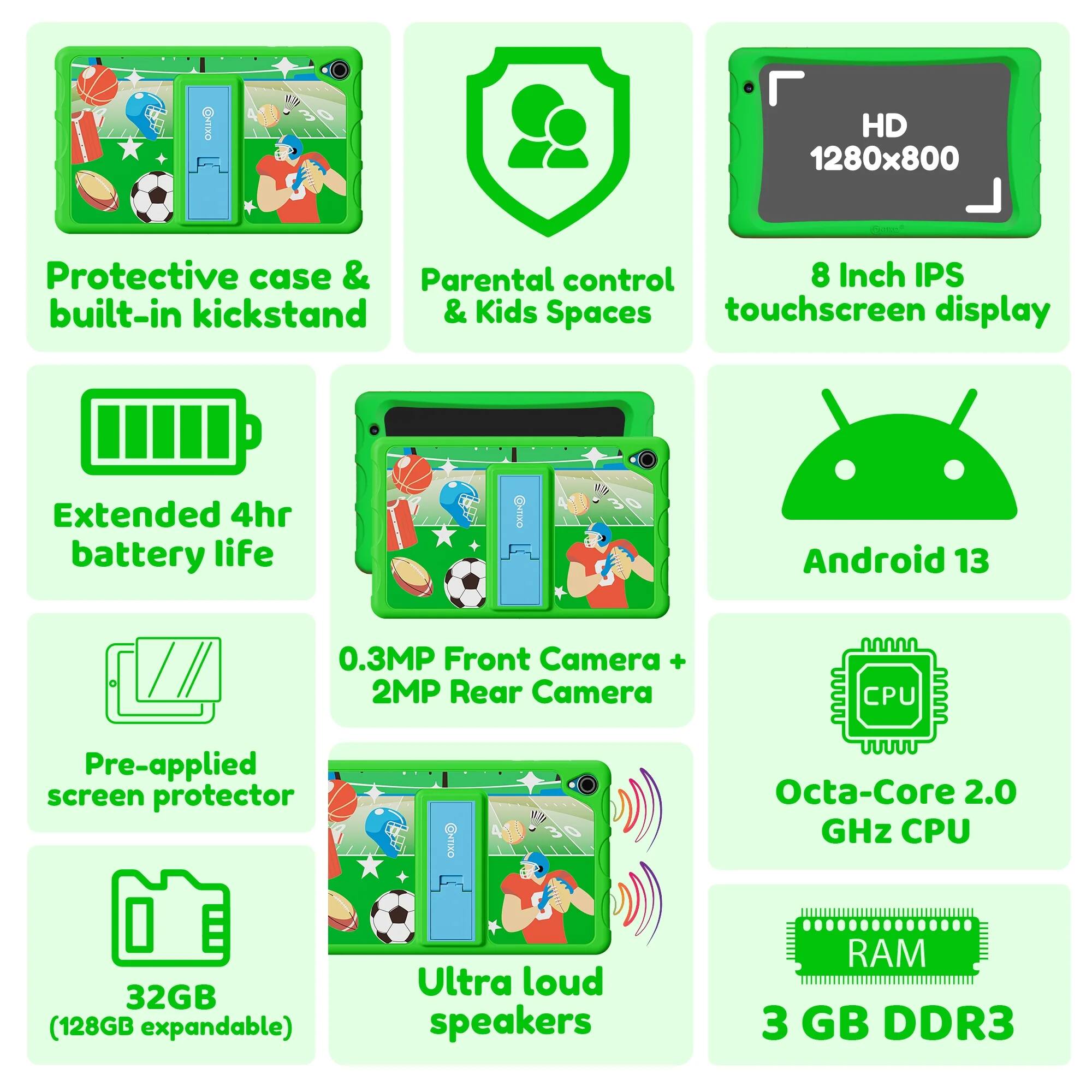 CTIRO HD 1280x800 8 Inch IPS touchscreen display, Protective case & Parental control & Kids Spaces built-in kickstand, Extended 4hr battery life, Android 13, 0.3MP Front Camera + 2MP Rear Camera, CPU, Pre-applied screen protector, 32GB (128GB expandable), Ultra loud speakers, RAM 3 GB DDR3