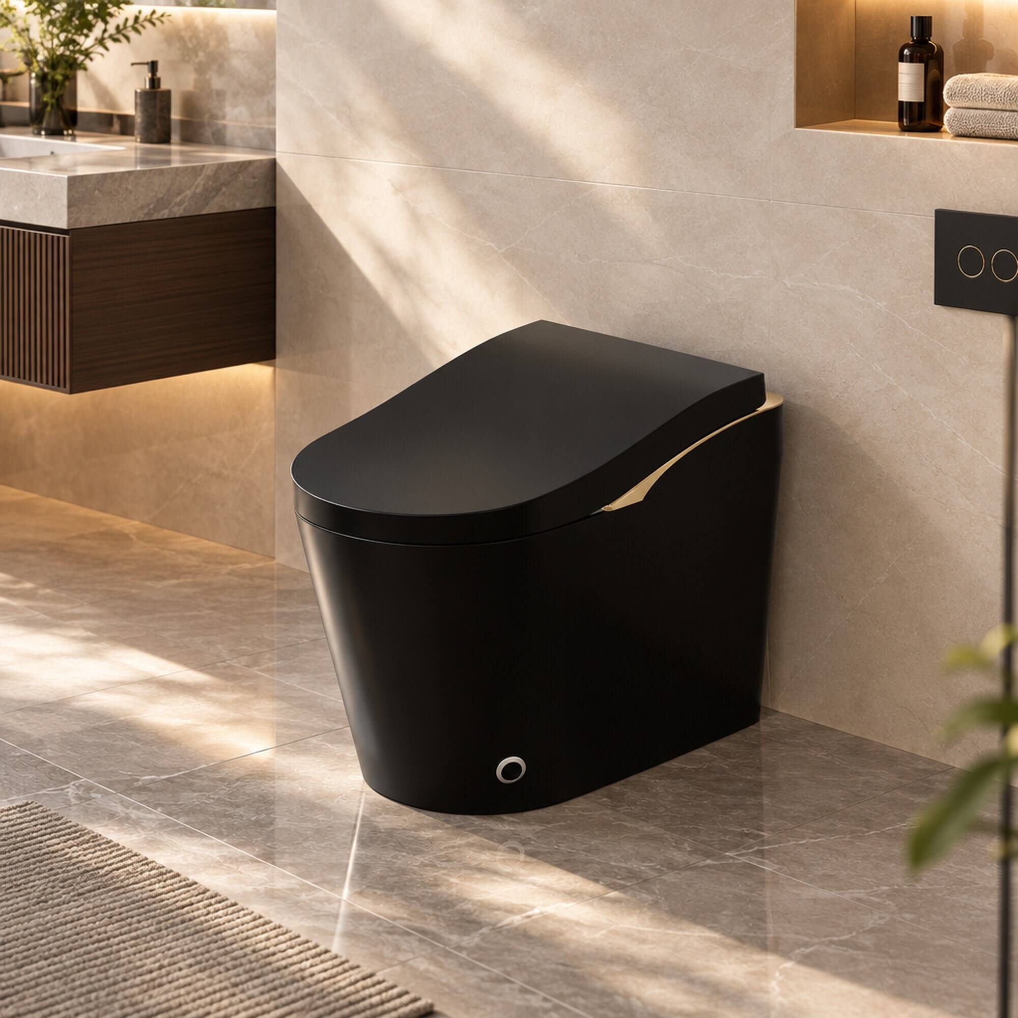 Left. RYHNUYNE - One Piece Tankless Smart Toilet With Bidet, Auto Flush Auto Open and Close Heated Seat Warm Water and Dry Foam Shield - Black.
