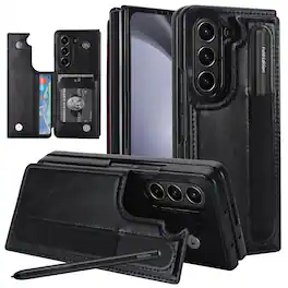 Dteck - Wallet Case for Samsung Galaxy Z Fold8 Ultra Premium Leather Pen Holder Magnetic Clasp Kickstand Shockproof Cover - Black