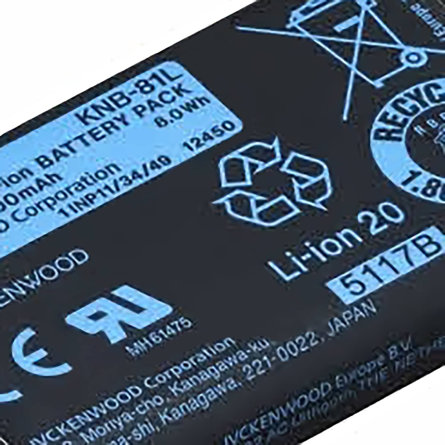 Eurape O KNB-81L PACK B.OWh RECYC AB BATTERY 12450 sOmAh on Corporation 1INP11/34/40 7.8 D 20 ENWOOD Li-ion 5117B IR MH61475 221-0022, JAPAN B.V NETHE NE IE E Corporation Kanagawa. Evrope 1 Moriya-cho a-shi, CKENWOOD AC