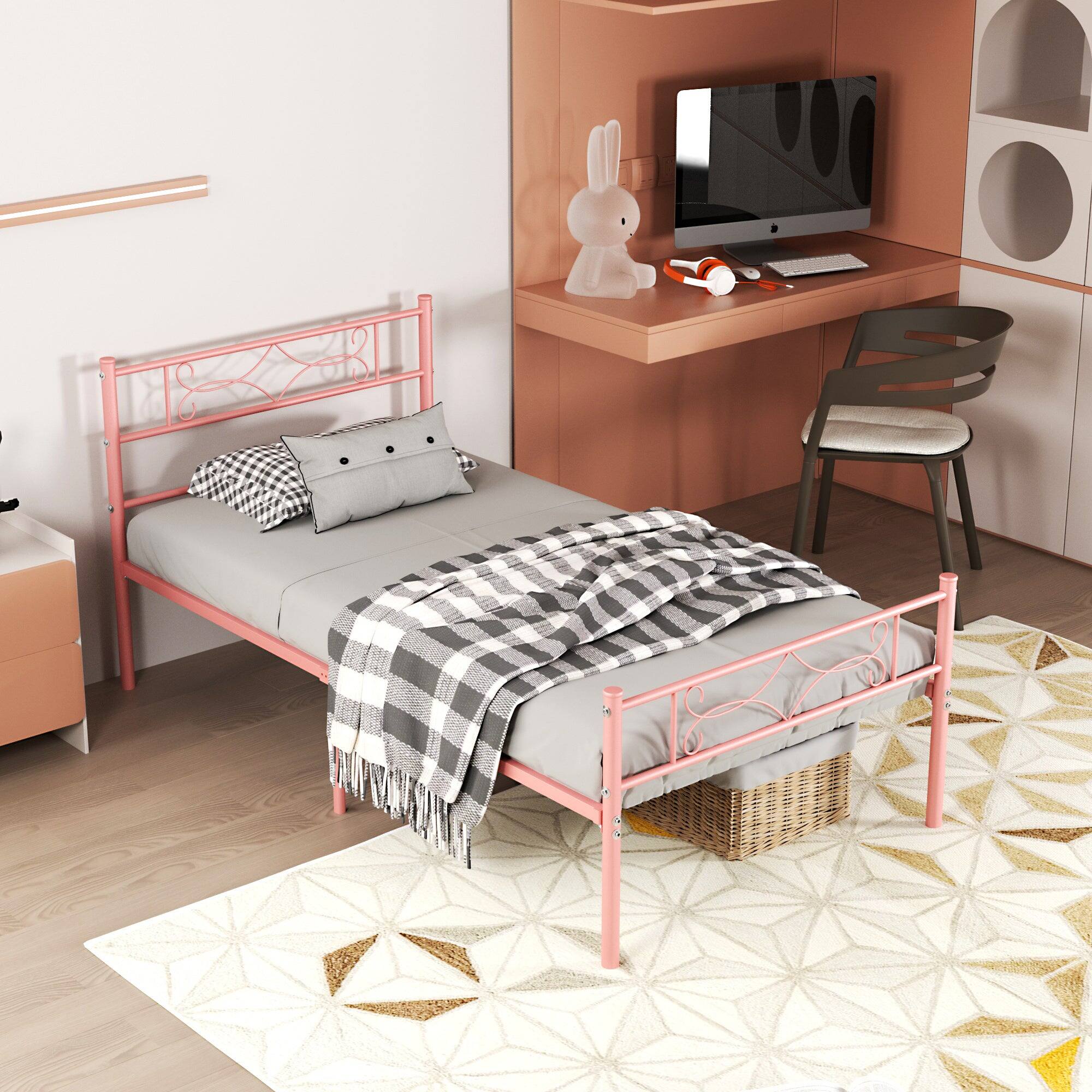 Left. Vecelo - Twin Size Metal Bed Frame with Headboard & Footboard - Heavy Duty 660 lbs Capacity, Ornamental Design & Non-Slip Pads - Pink.