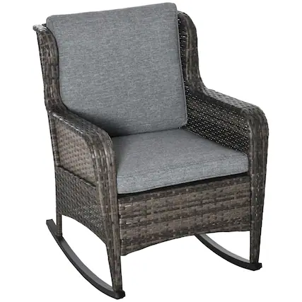 Front. Outsunny - Outdoor Wicker Rocking Chair with Wide Seat, Thick Cushions, Rattan Rocker with Steel Frame, High Weight Capacity - Gray.