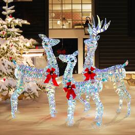 Gymax - 3-Piece Iridescent Reindeer Family Set Christmas Pre-Lit Deer w/ 230 LED Lights - White