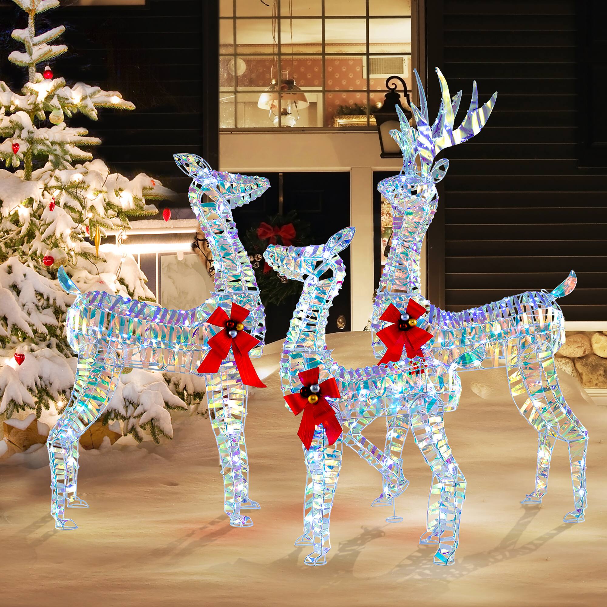 Front. Gymax - Gymax 3-Piece Iridescent Reindeer Family Set Christmas Pre-Lit Deer w/ 230 LED Lights - White.