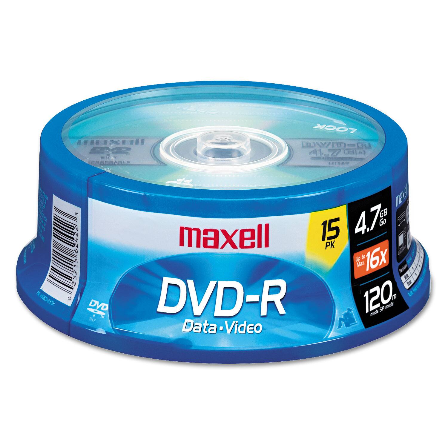 Maxell  
DVD-R  
Data-Video  
15 PK  
4.7 GB  
Up to 16x  
120 min SP mode