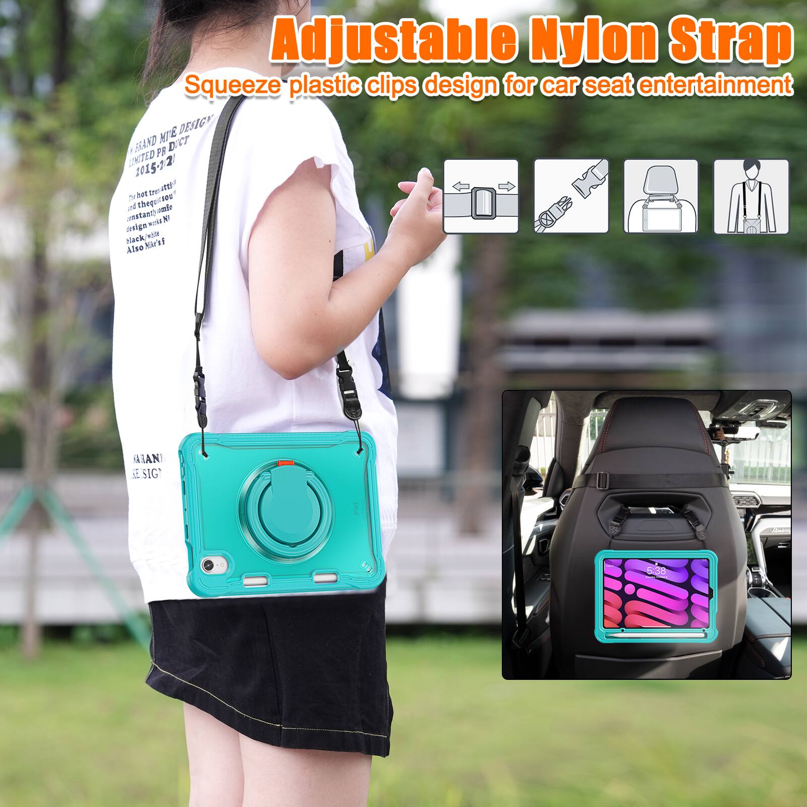 Adjustable Nylon Strap  
Squeeze plastic clips design for car seat entertainment  

FRAND MIE DESIGN  
LIMITED PICT  
2015-12  

Also Known As  
AIAN  
SIG  

5:38