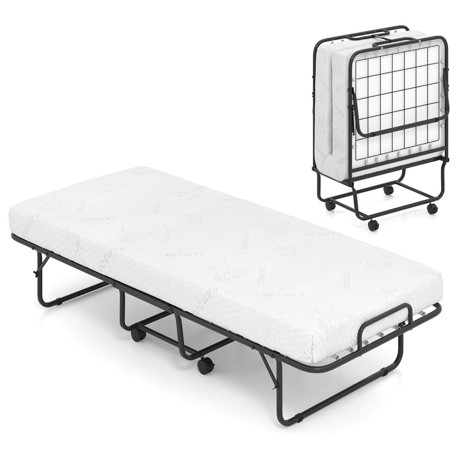 Costway - Folding Bed with Mattress 74" x 31" Cot Size Rolling Guest Bed Space Saving - White