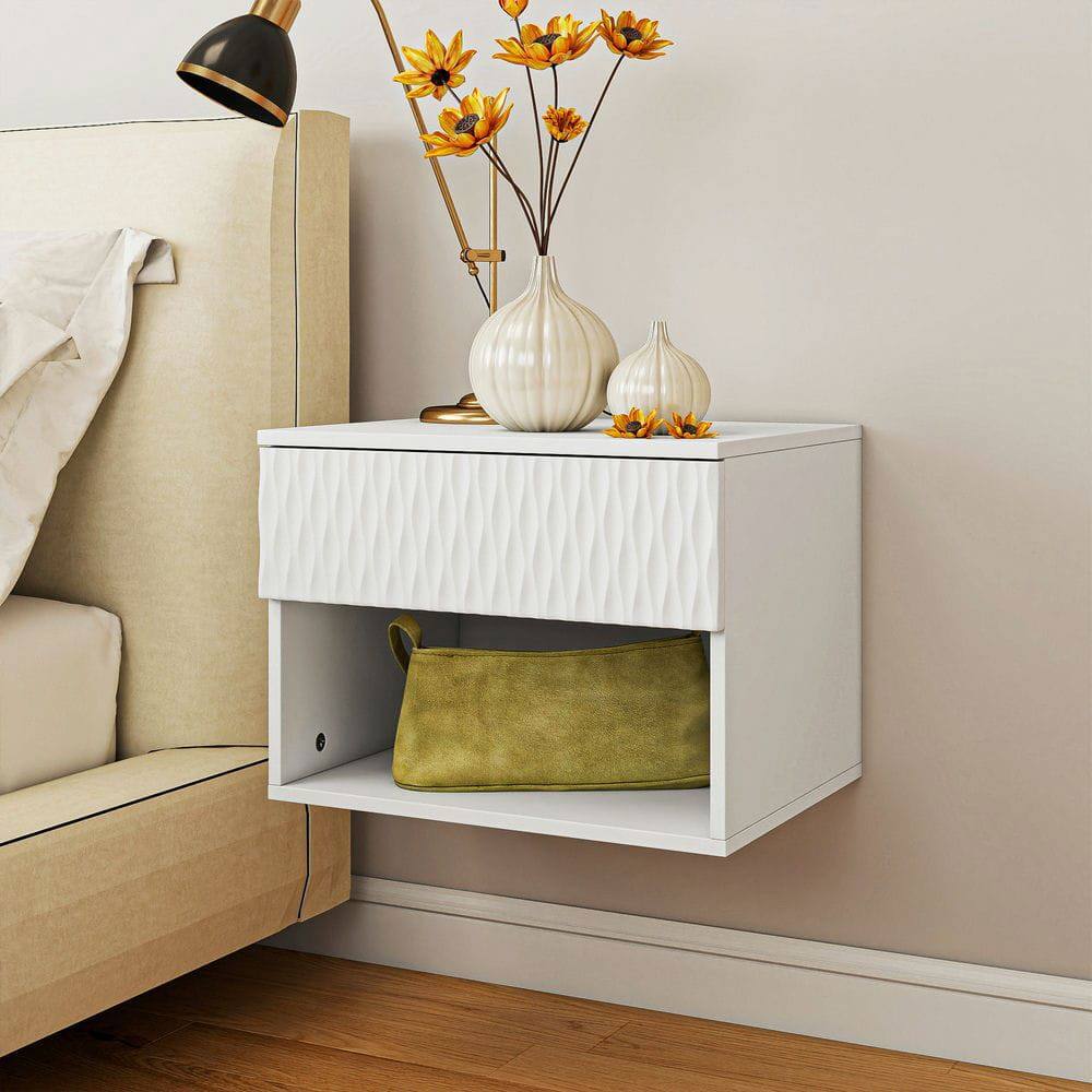 Alt View 10. Kadyn - Wavy-Textured Double-Mounted Wall-Mounted Floating Nightstand with Drawer for Bedroom - White - White.
