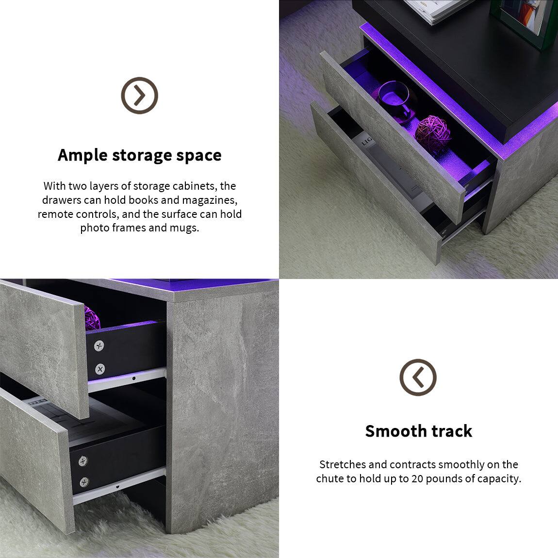 Ample storage space  
With two layers of storage cabinets, the drawers can hold books and magazines, remote controls, and the surface can hold photo frames and mugs.

Smooth track  
Stretches and contracts smoothly on the chute to hold up to 20 pounds of capacity.