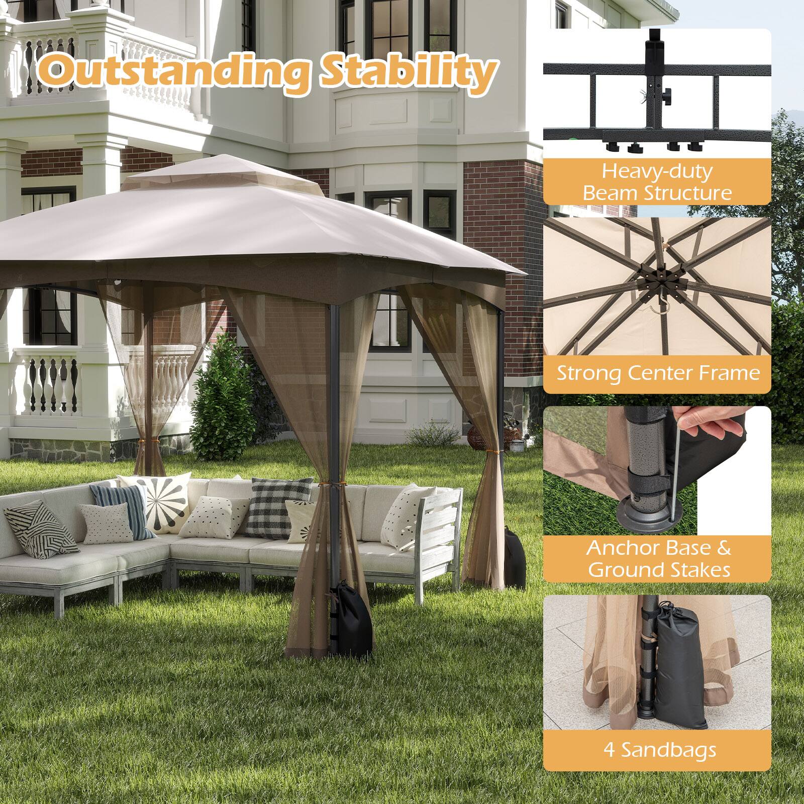 Outstanding Stability

- Heavy-duty Beam Structure
- Strong Center Frame
- Anchor Base & Ground Stakes
- 4 Sandbags