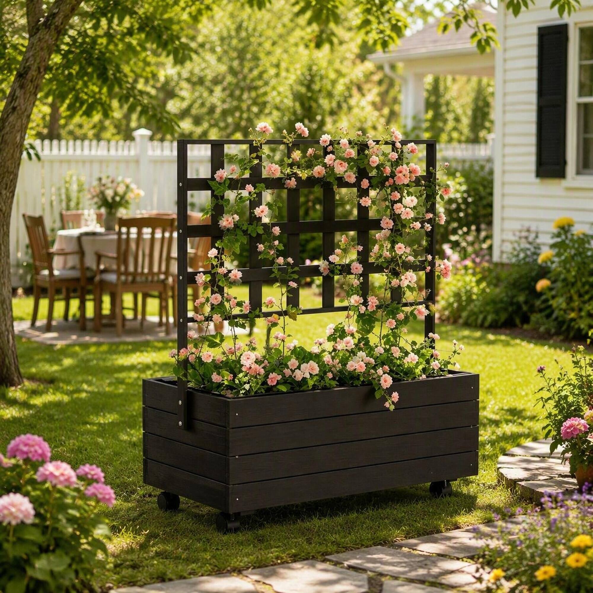Alt View 2. RYHNUYNE - Wooden Elevated Garden Bed with Trellis on Wheels for Patio, 34.6 x 18.9 x 41.3 Inch Fir Raised Planter Box - Black.