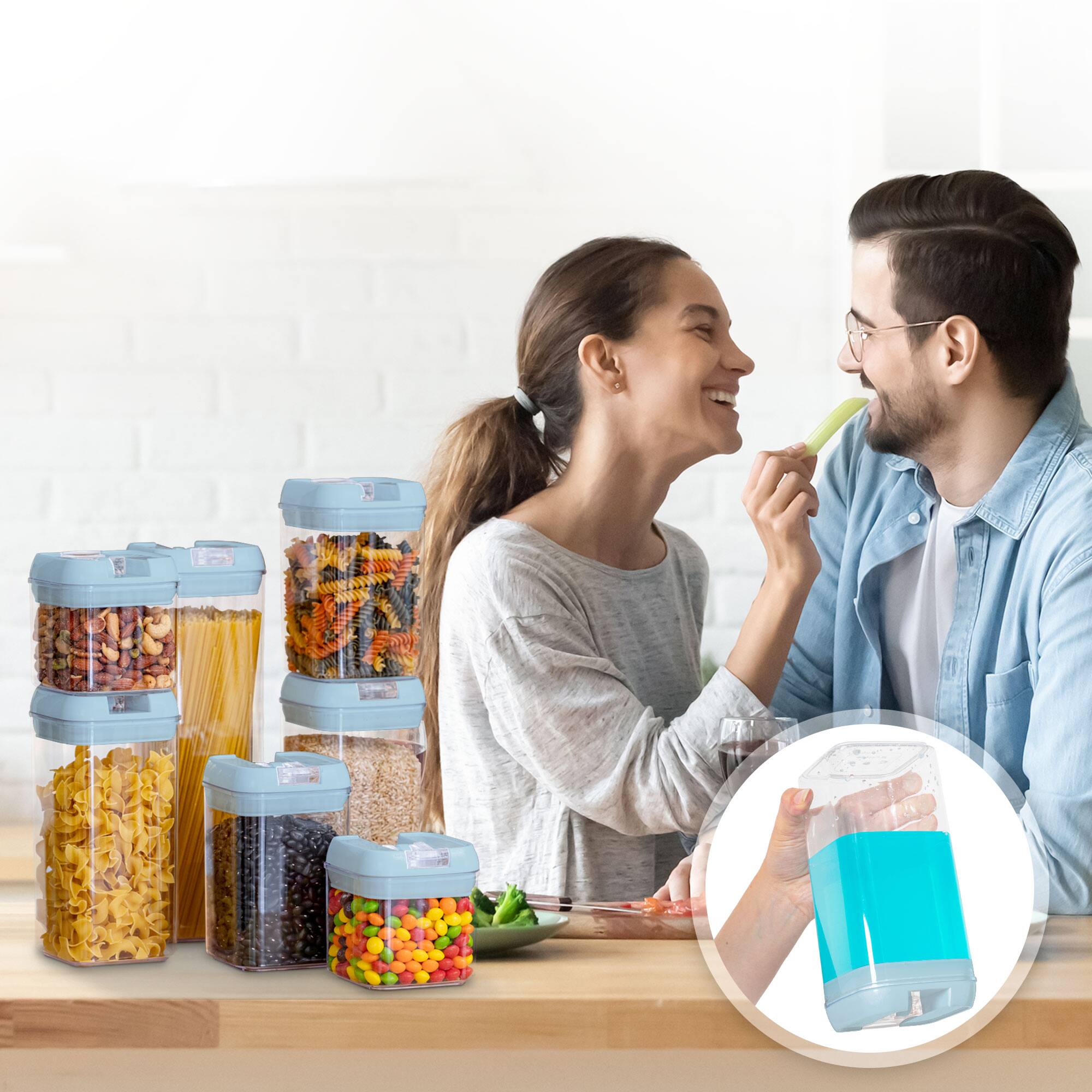 Angle. Cheer Collection - 7-Piece Airtight Pantry Food Storage Container Set with Mixed Sizes, Flip-Top Lids & Reusable Labels - Blue.