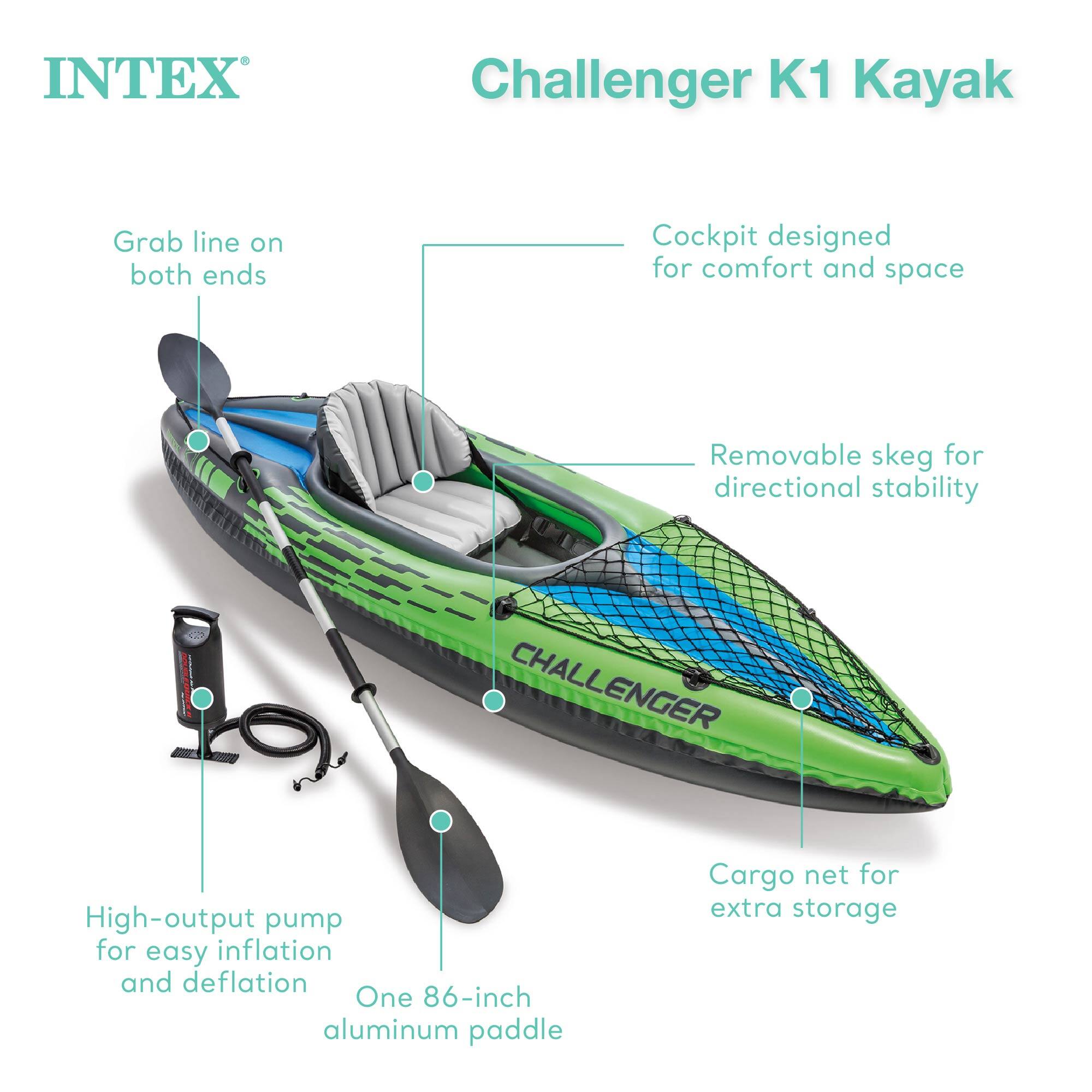 INTEX Challenger K1 Kayak

- Grab line on both ends
- Cockpit designed for comfort and space
- Removable skeg for directional stability
- High-output pump for easy inflation and deflation
- One 86-inch aluminum paddle
- Cargo net for extra storage