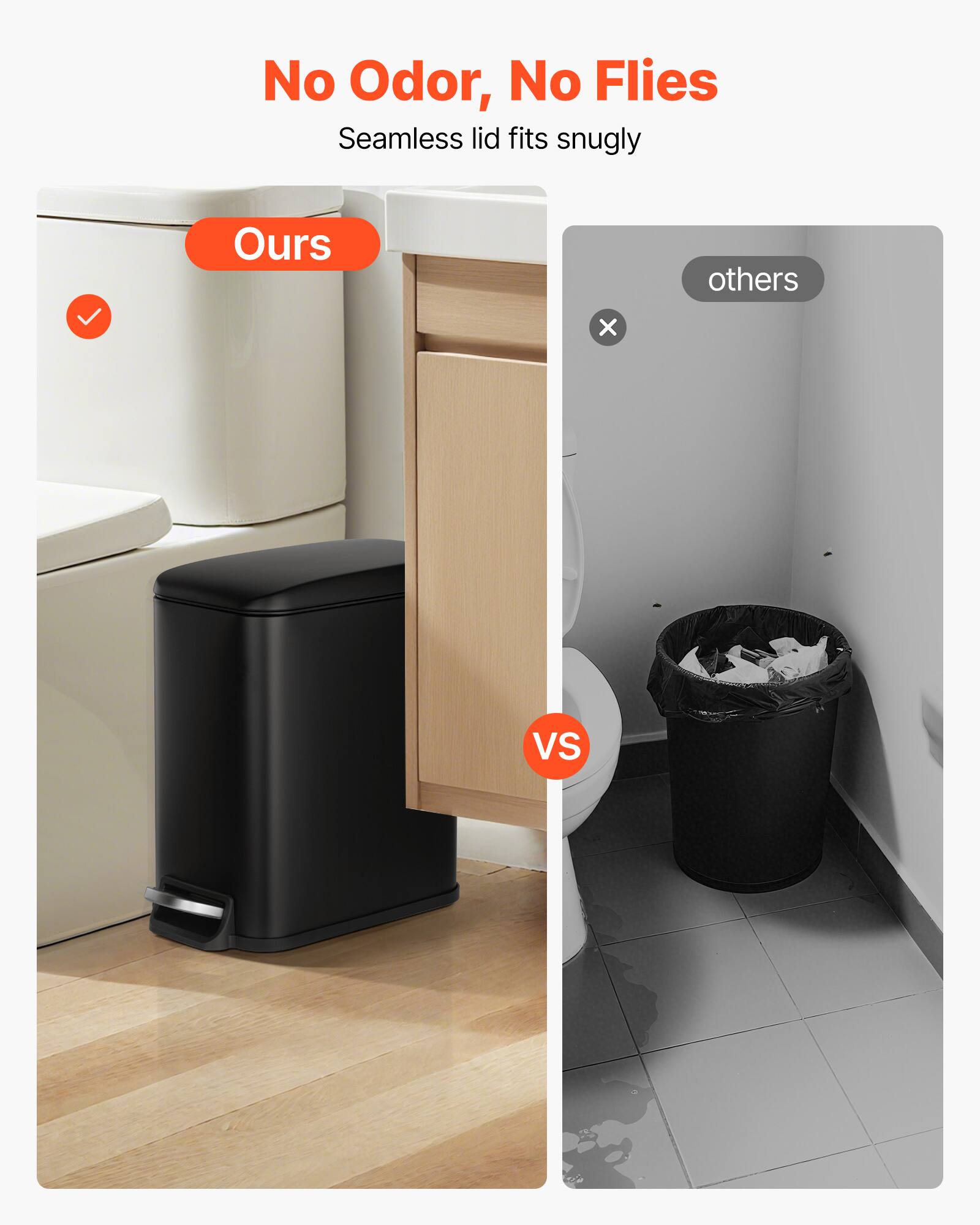 No Odor, No Flies  
Seamless lid fits snugly  

Ours  
✓  

others  
✗  

VS