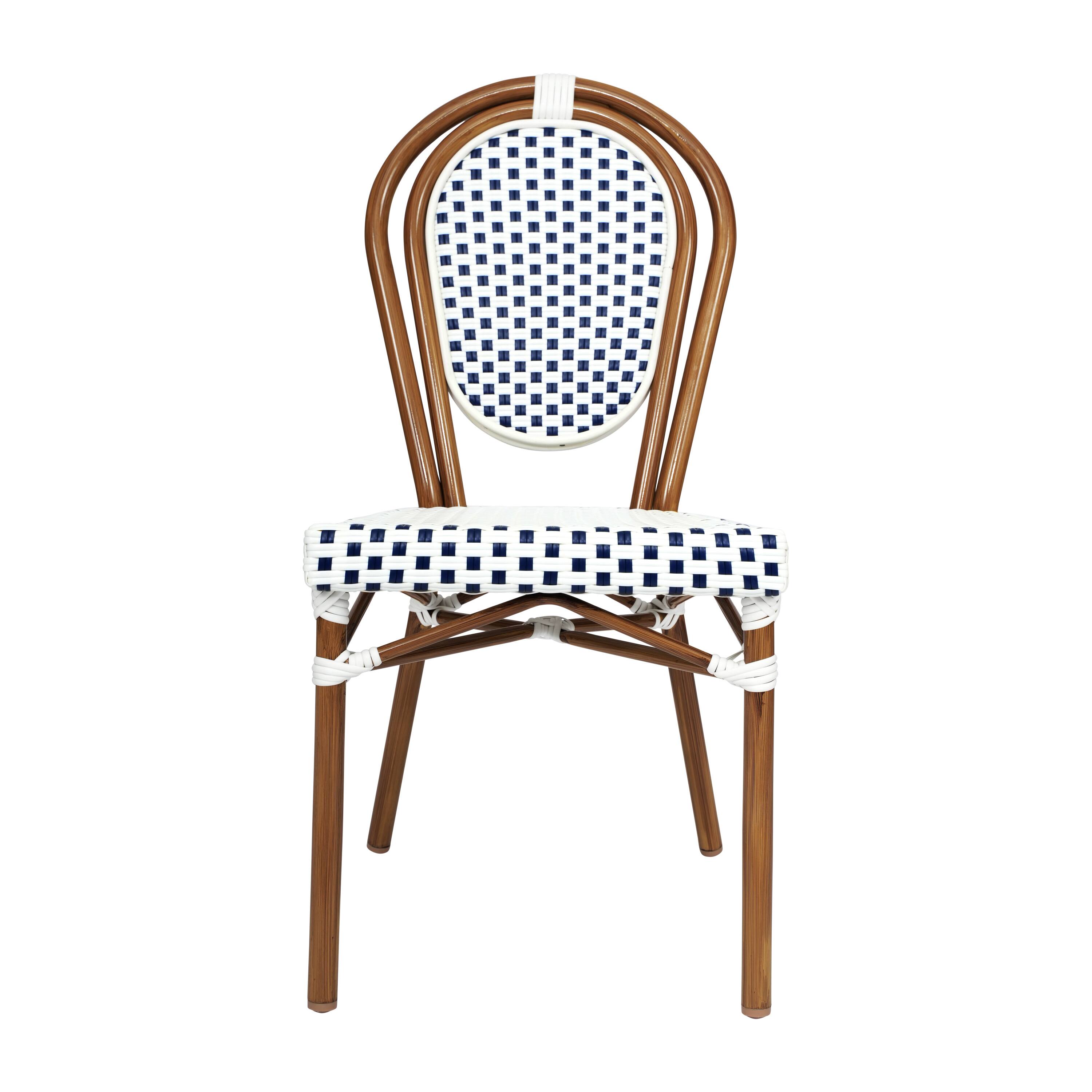 Alt View 8. Emma + Oliver - Colmar Indoor/Outdoor Stacking Thonet Bistro Style Chair with PE Rattan Seat and Metal Frame - White & Navy/Natural Frame.
