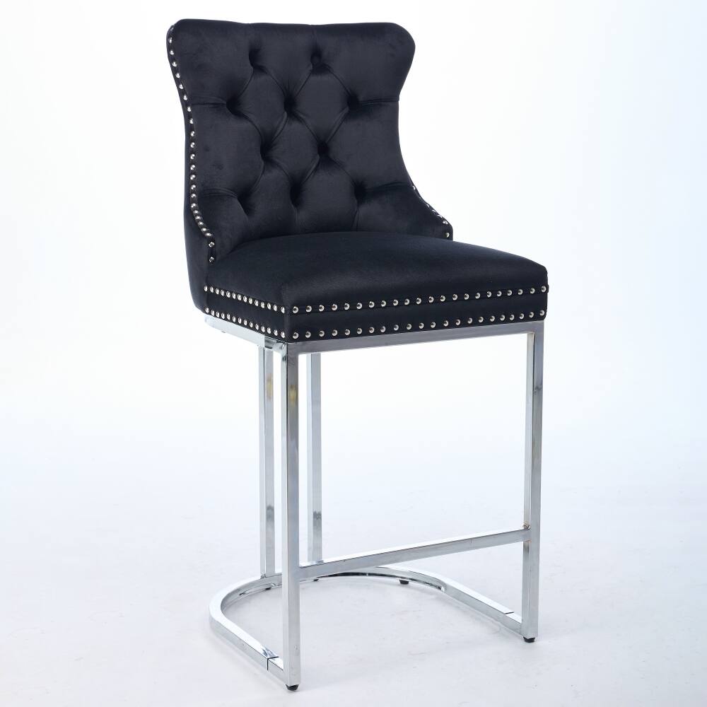 Left. Loheer - Loheer Counter Height Bar Stools Set of 2 Black Velvet Tufted Kitchen Island Chairs with Metal Legs - Black.