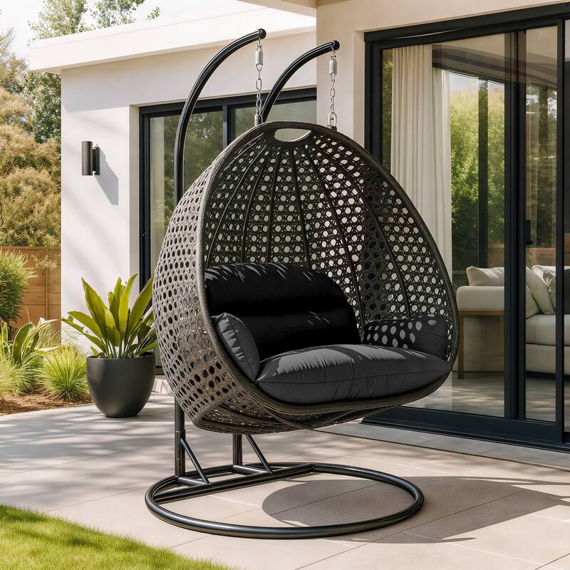 Angle. LeisureMod - Leisuremod Outdoor 2-Person Charcoal Wicker Egg Swing Chair with Steel Stand, Washable Cushions & Waterproof Cover - Black.