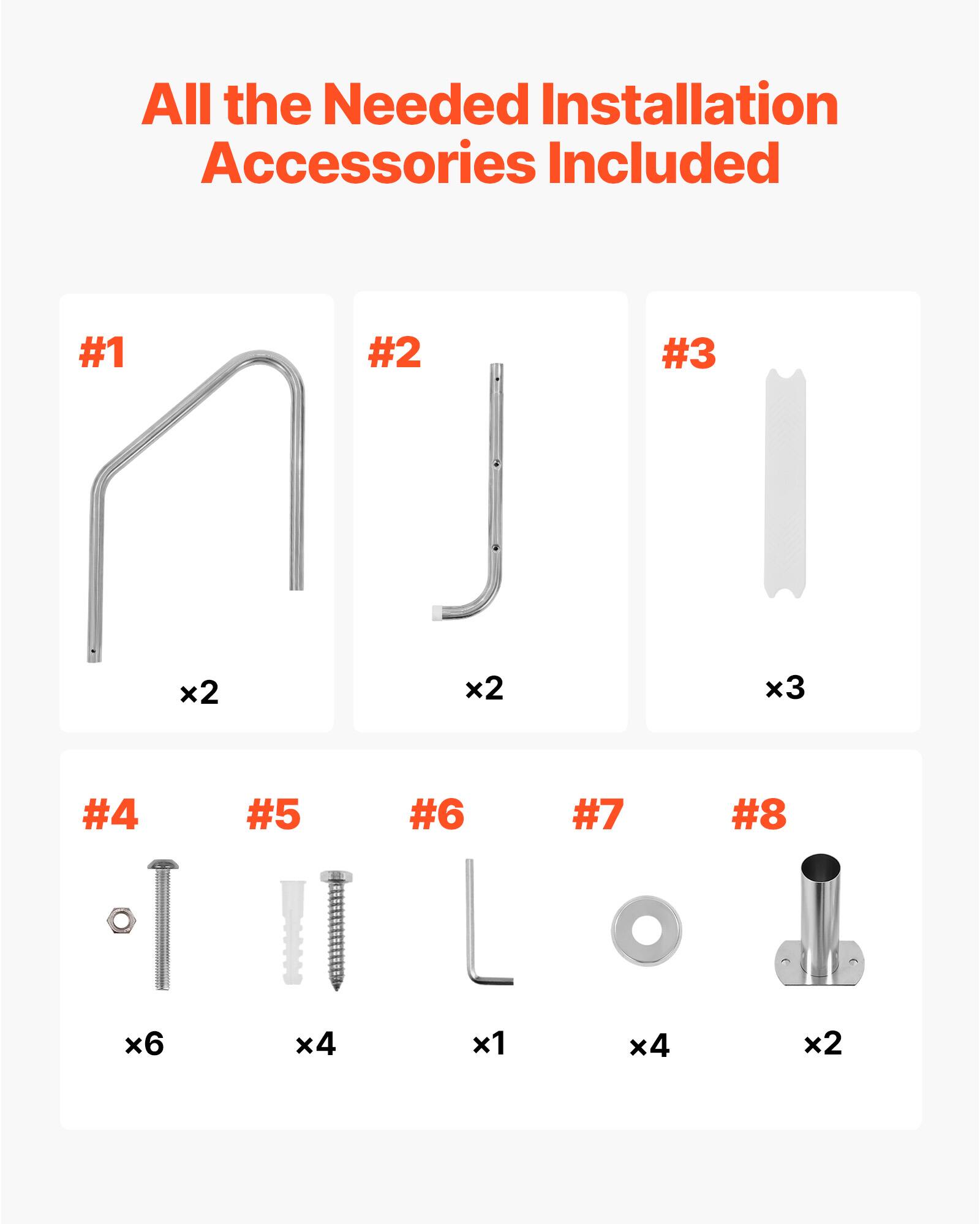 All the Needed Installation Accessories Included

#1 x2  
#2 x2  
#3 x3  
#4 x6  
#5 x4  
#6 x1  
#7 x4  
#8 x2