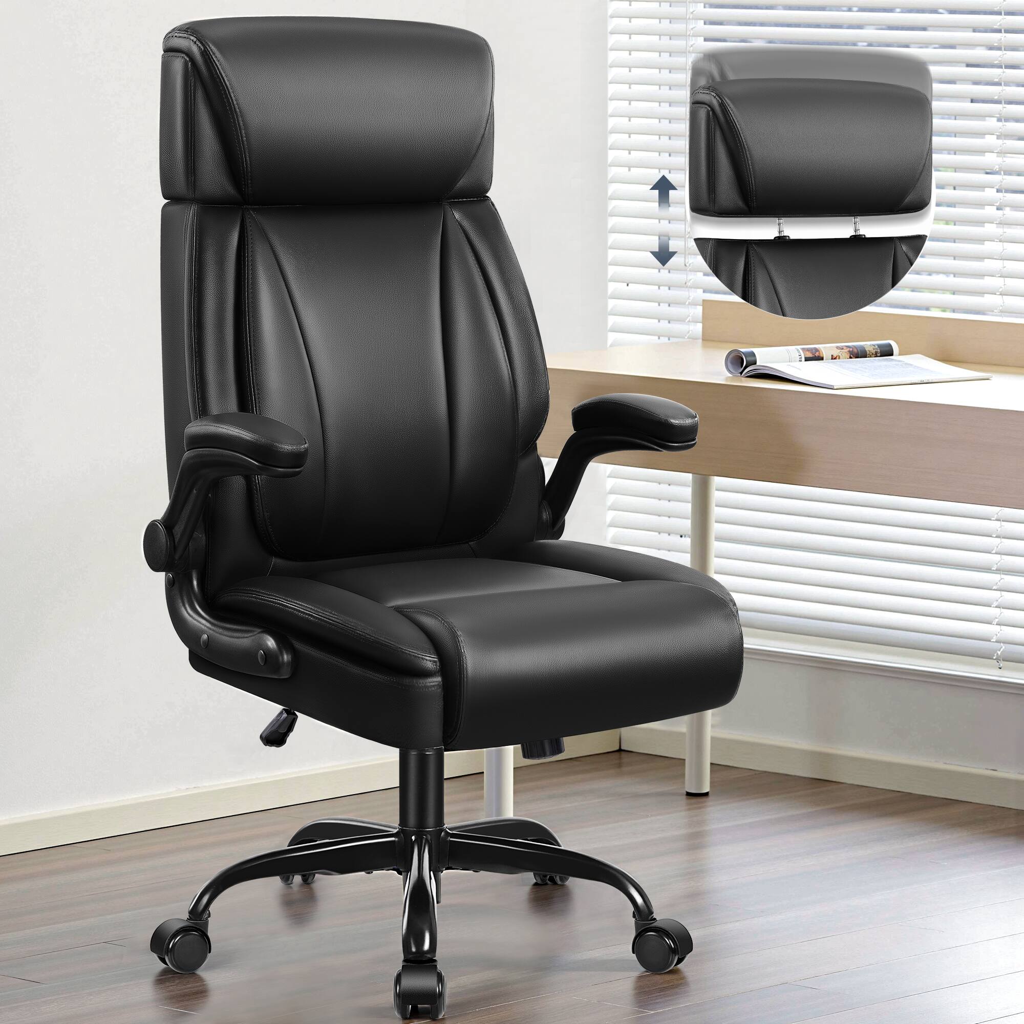 Alt View 5. KERDOM - Ergonomic Office Chair with Lifting Headrest, Adjustable Executive PU Leather Chair, Filp-up Armrests, Tilt PC Chair - Black.