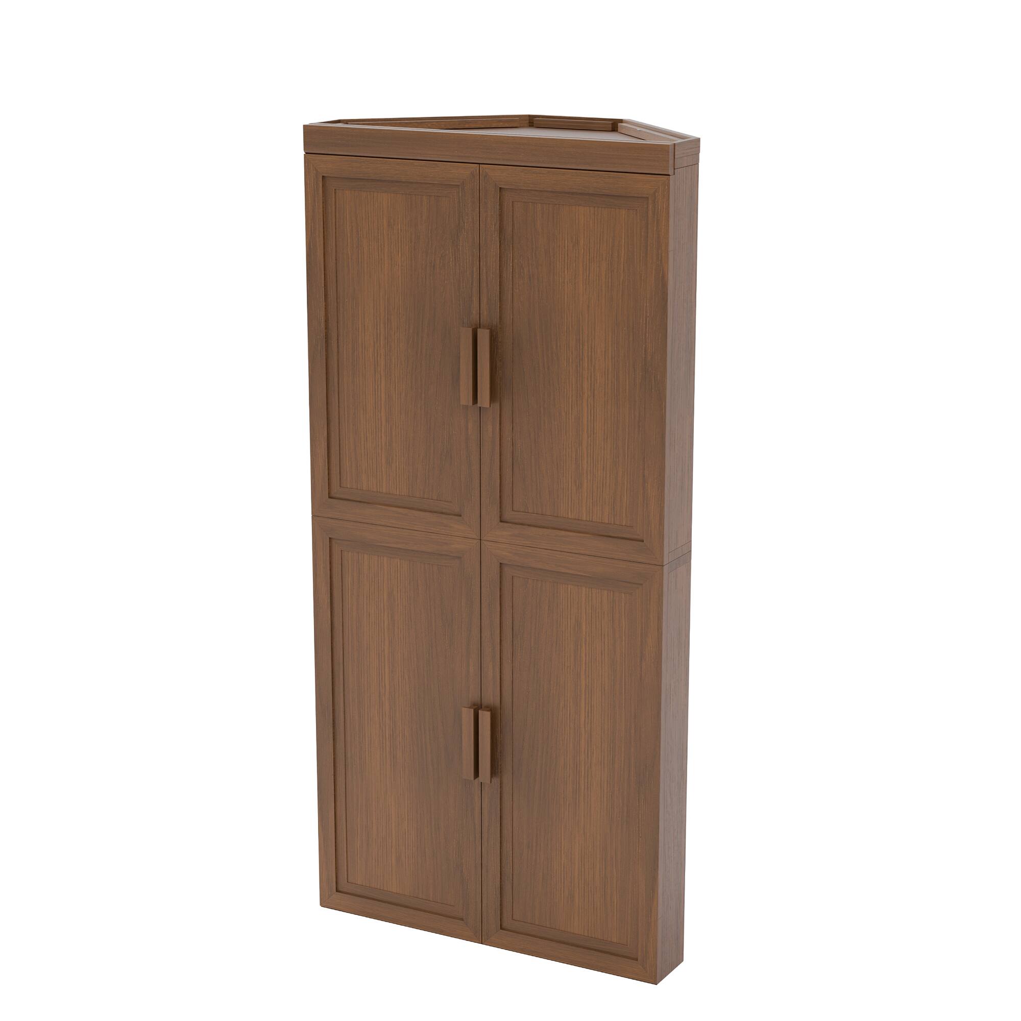 Left. PexFix - 67" Farmhouse Corner Accent Storage Cabinet with Solid Wood Doors and Adjustable Shelves for Space-Saving - Walnut.