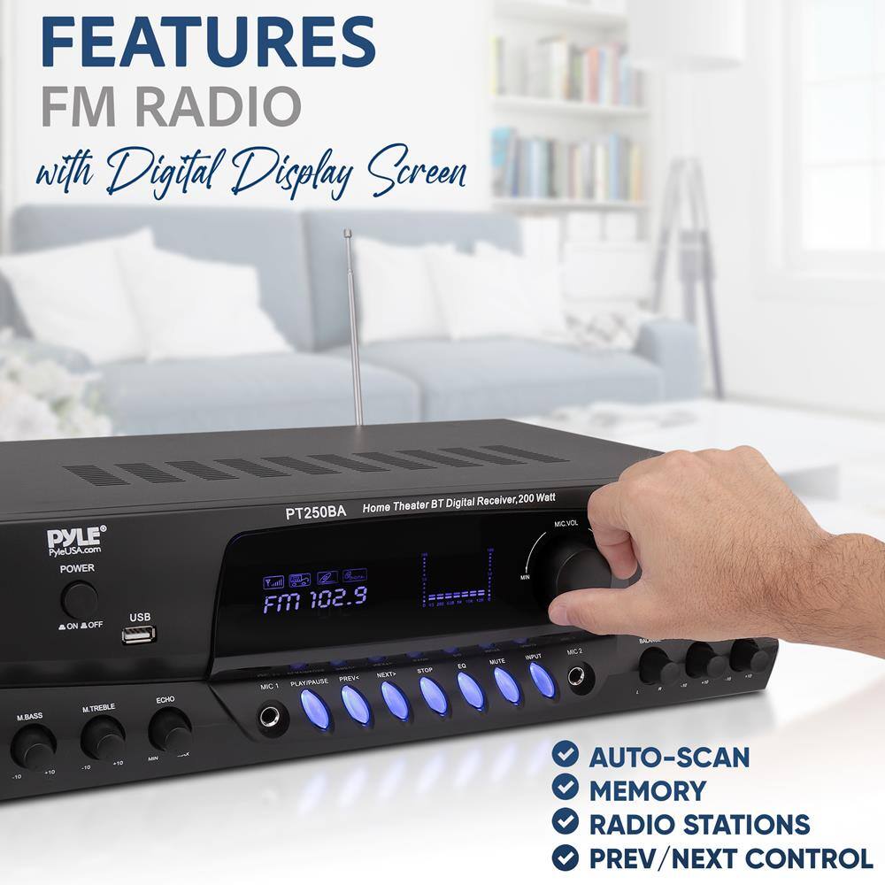 **FEATURES**

**FM RADIO**  
with Digital Display Screen

- AUTO-SCAN
- MEMORY
- RADIO STATIONS
- PREV/NEXT CONTROL

---

**PT250BA**  
Home Theater BT Digital Receiver, 200 Watt

- FM 102.9
- MIC/VOL
- MIC-1
- PLAY/PAUSE
- PREV
- NEXT
- STOP
- MIC-2
- MUTE
- AMP-2
- M.BASS
- 4 TREBLE
- ECHO
- USB
- POWER
- ON/OFF