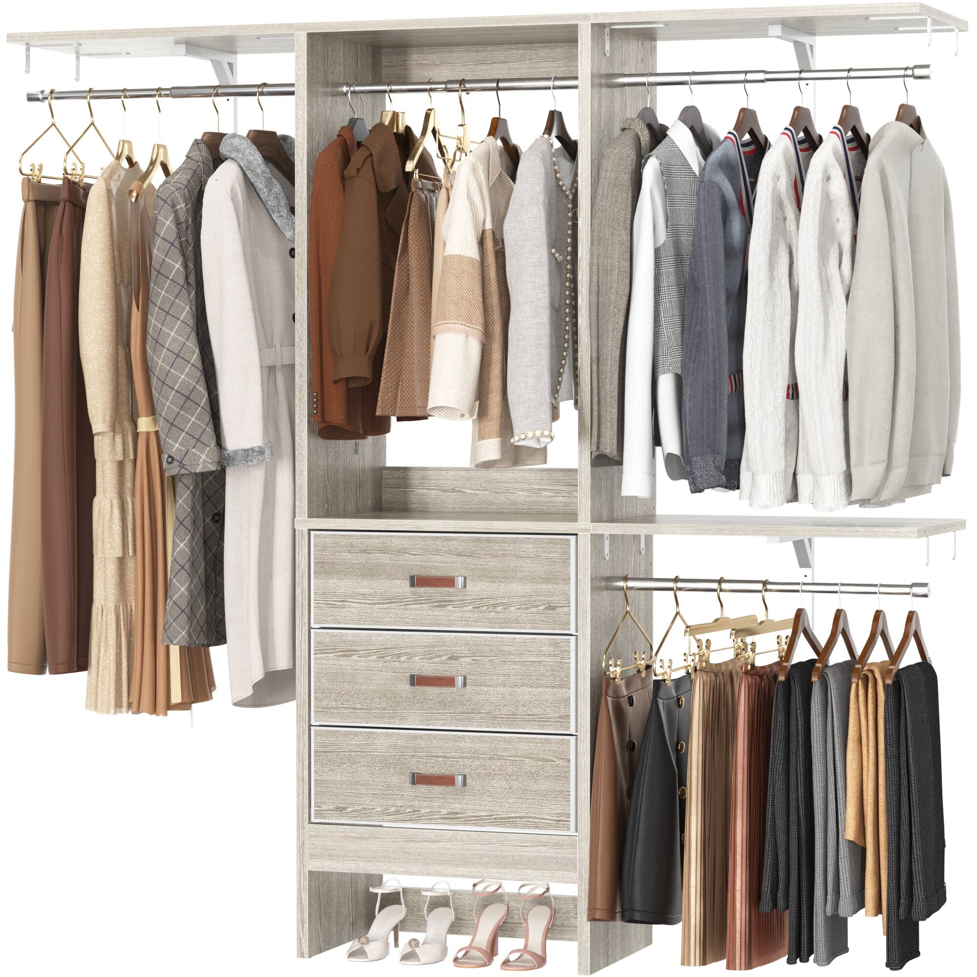 Alt View 1. Aheaplus - 60" Walk-in Closet Organizer: 3 Fabric Drawers, 3 Adjustable Shelves, Heavy Duty Garment Rack - 59"L x 16"W x 71"H - White Oak.
