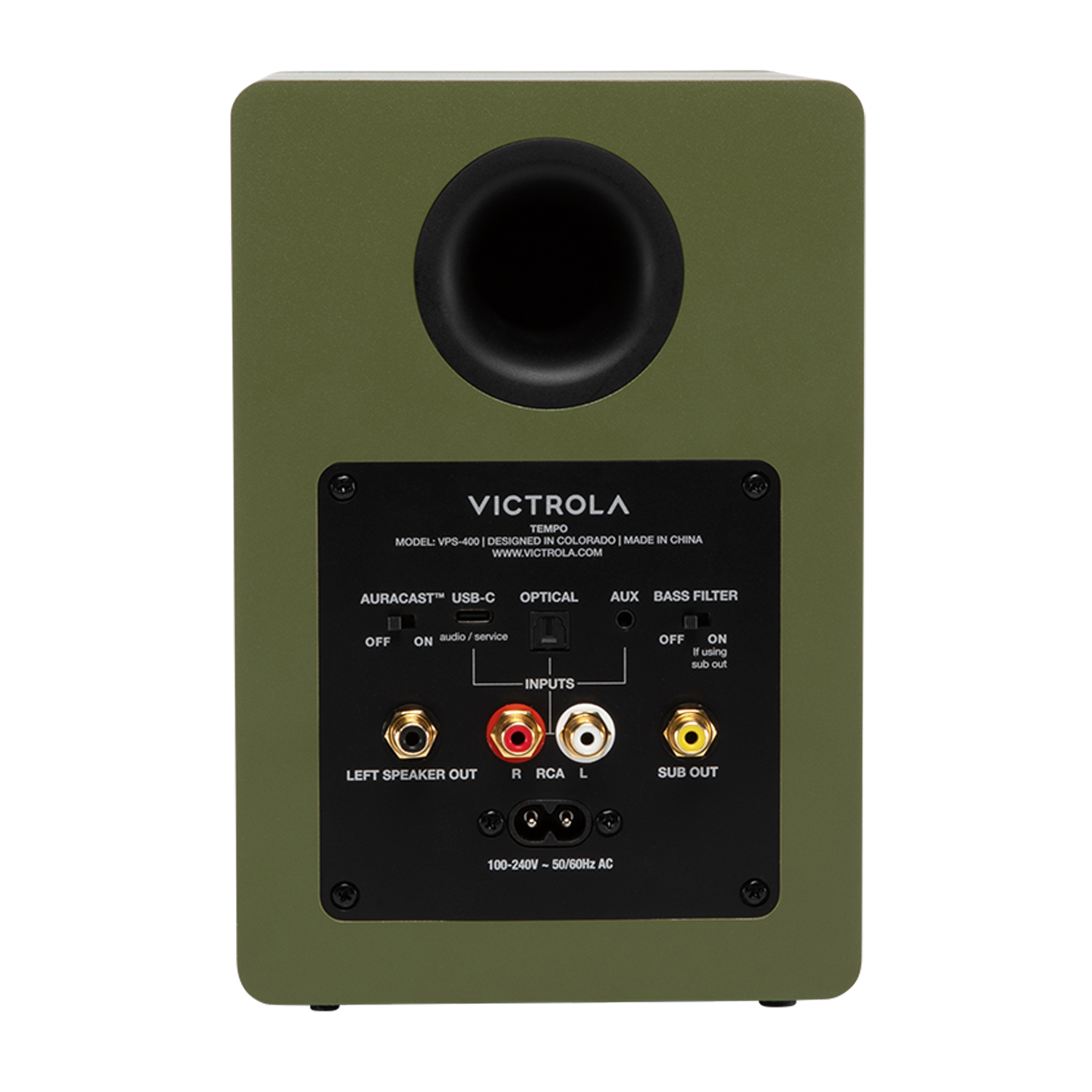 VICTROLA TEMPO MODEL VPS-400 - DESIGNED IN COLORADO | MADE IN CHINA WWW.VICTROLA.COM AURACAST™ USB-C OPTICAL AUX BASS FILTER OFF ON audio/service INPUTS OFF ON if using sub out LEFT SPEAKER OUT R RCA L SUB OUT 100-240V-50/60Hz AC