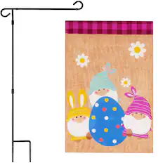Front. G128 - Combo Pack: 36 x 16 in Garden Flag Stand & 12 x 18 in Double-Sided Burlap Flag - Three Gnomes Easter. - Assorted Colors.