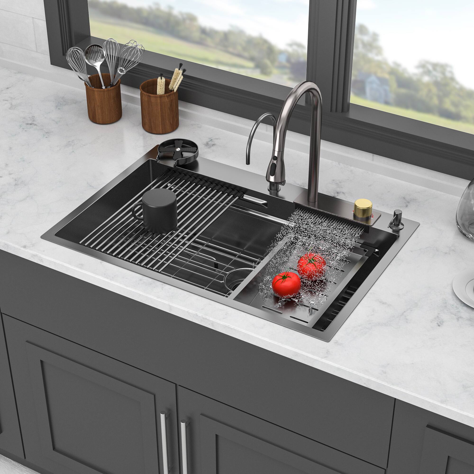 Left. APRILSOUL - 33 x 22 x 10in Single Bowl 16 Gauge Stainless Steel Ledge Workstation Kitchen Sinks with Pull-Down Faucet and Cup Washer - Gunmetal Black.