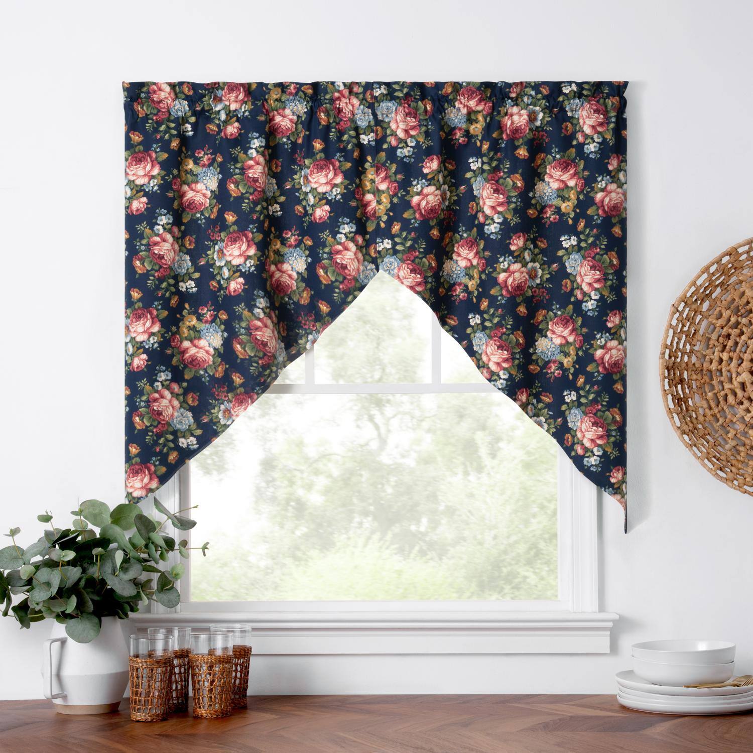 Angle. Ellis Curtain - Ellis Bella Rose Stylish Medium Scale Printed Floral Pattern 1.5" Rod Pocket Tailored Swag for Windows 56"x36" Navy - Navy.