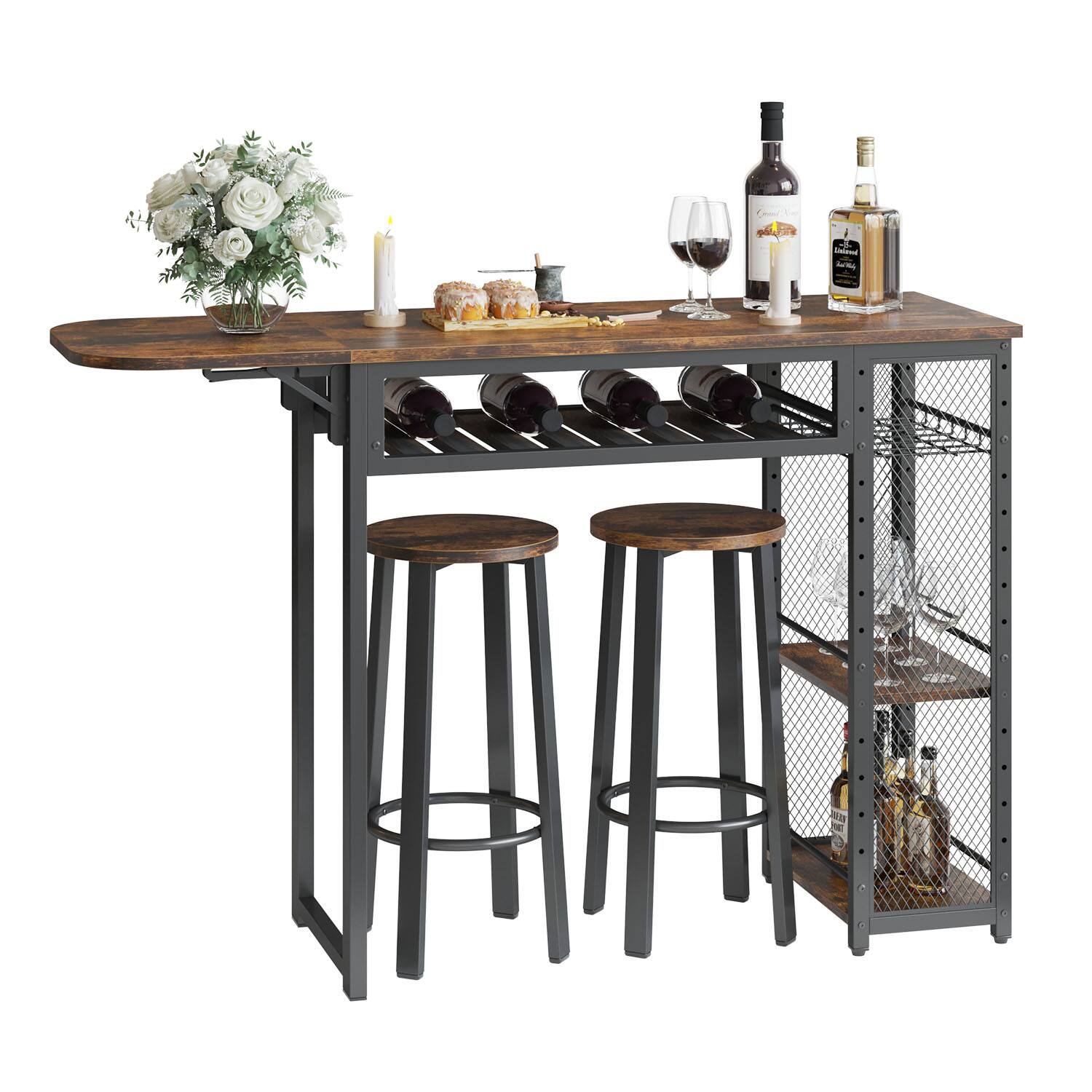Alt View 4. Bestier - Home Bar Set with 2 Stools Drop Leaf Table 5 Tiers Storage Wine Rack and Elevated Base for Robot Vacuum - Rustic Brown.
