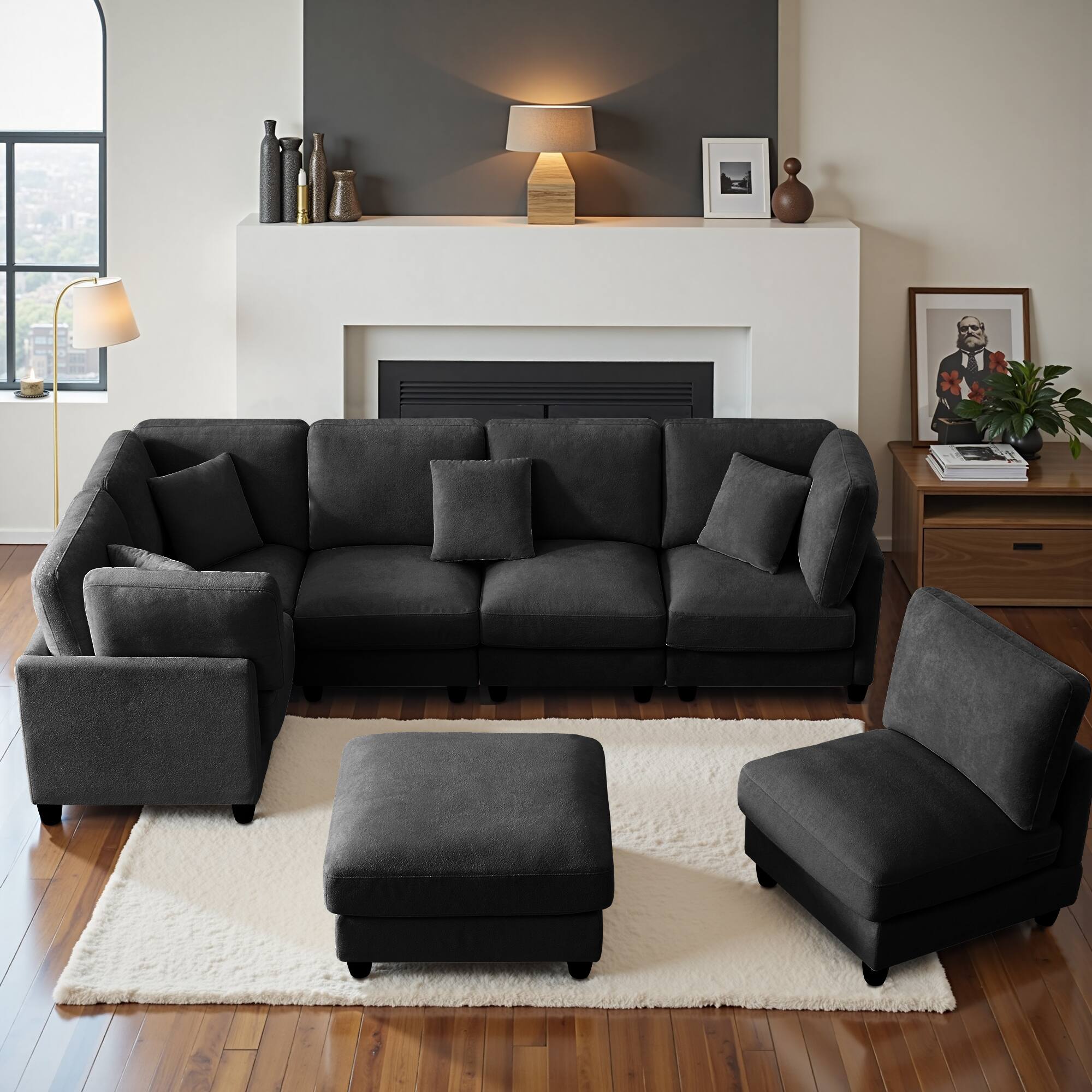 Alt View 7. Meqiodas - Modular Sectional Sofa, 7 Seater Cloud Sectional Couch with Movable Ottoman, Chenille Sofa Couch for Living Room - Black.