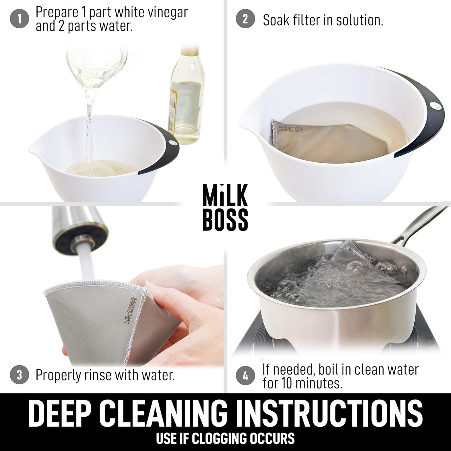 1. Prepare 1 part white vinegar and 2 parts water.

2. Soak filter in solution.

3. Properly rinse with water.

4. If needed, boil in clean water for 10 minutes.

DEEP CLEANING INSTRUCTIONS  
USE IF CLOGGING OCCURS