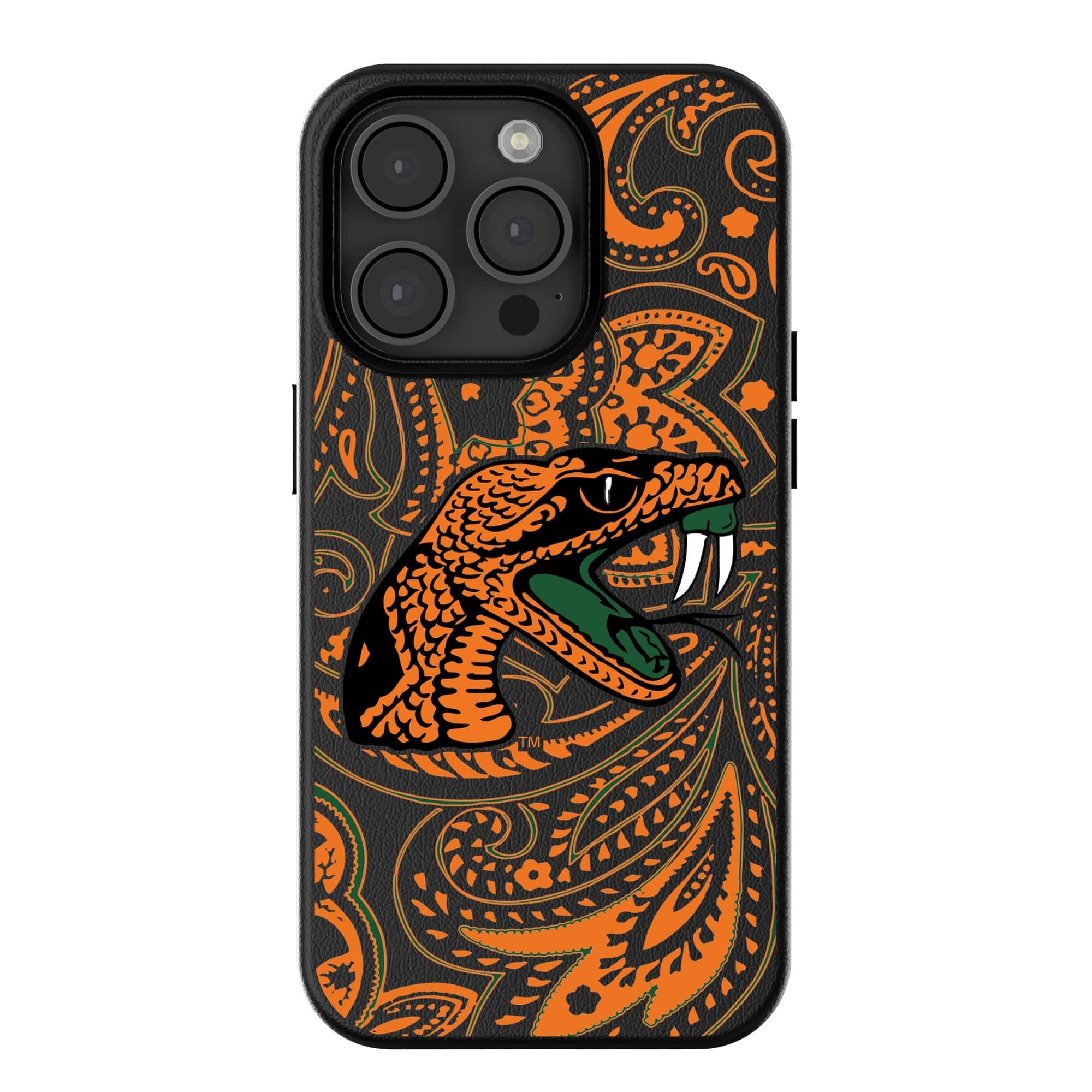 Front. Keyscaper - Florida A&M Rattlers Paisley iPhone Magnetic Bump Case - 16 Pro Max - Black.