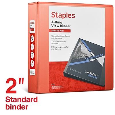 Staples 3-Ring View Binder  
Standard Duty  
The perfect binder for your everyday needs  
2 tabs for easy open and close  
D-Rings keep pages flat and fits more pages full  
2" Standard binder  
QUARTERLY REPORT