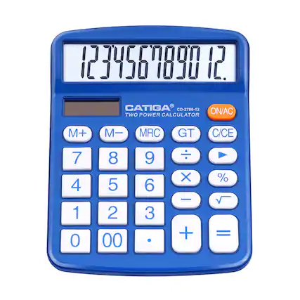 1234567890 12 7 CATIGA CD-2786-12 ON/AC TWO POWER CALCULATOR M+ M- MRC GT C/CE 7 4 1 0 8 5 2 00 9 6 3 X + % =