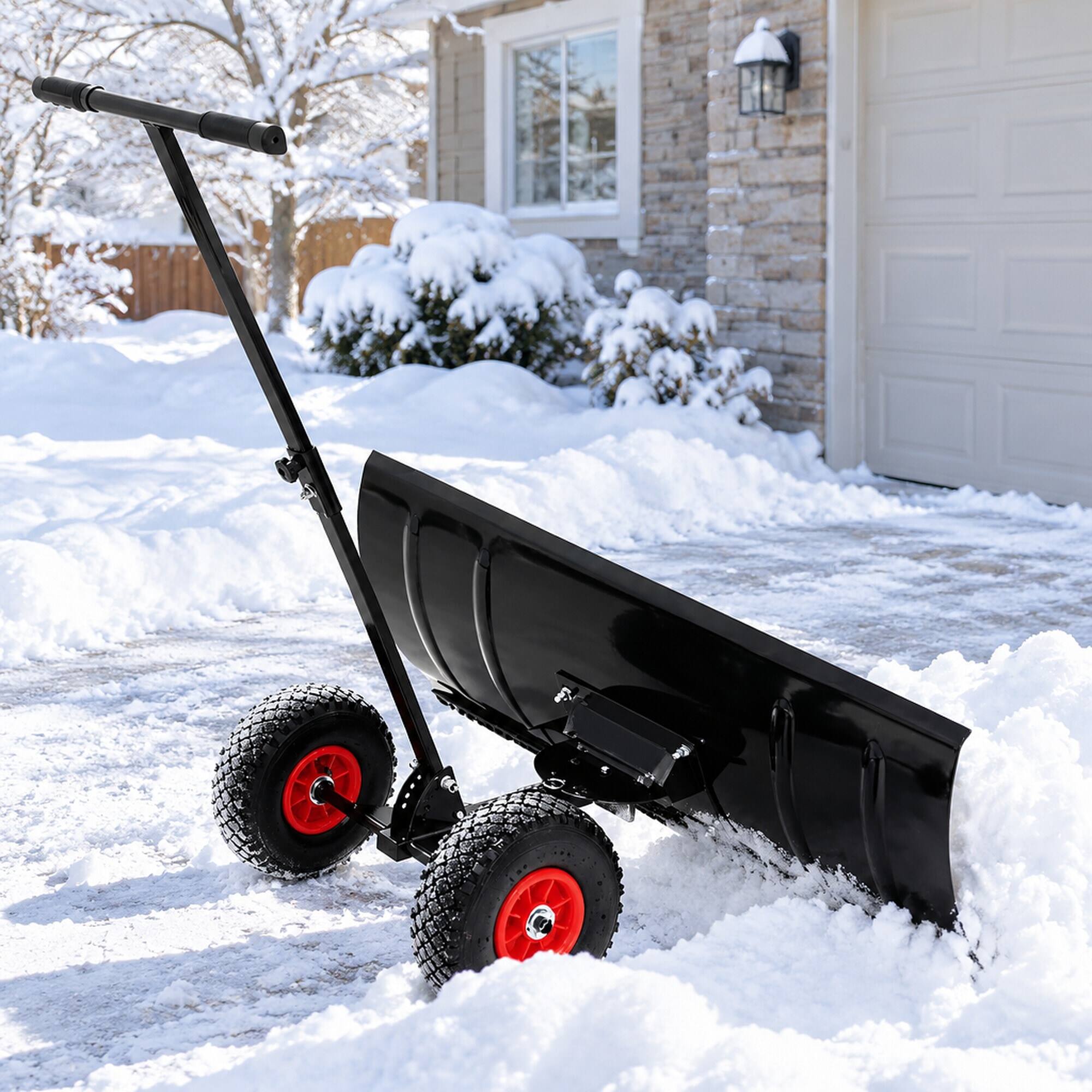 Alt View 2. RYHNUYNE - 30 in Wheeled Snow Pusher, Metal Blade, Adjustable Handle, 10 in Rubber Wheels, Black - Black.