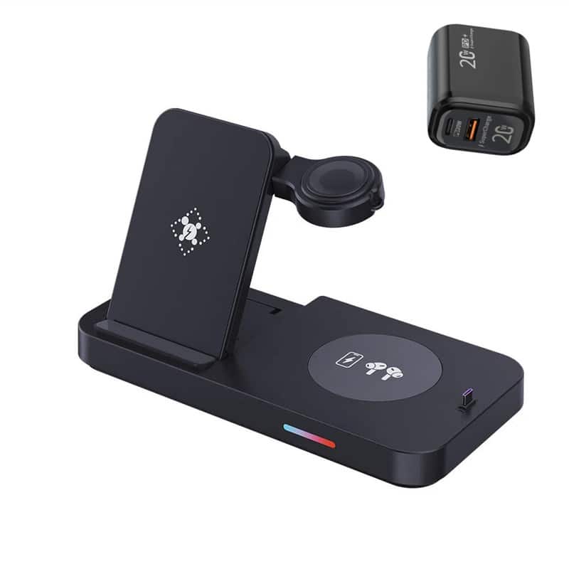 RISOKEYS - 4-in-1 Foldable Wireless Charger - Phone Stand for Samsung Watch, Phone, and Earphones, Watch Charging Station - Black