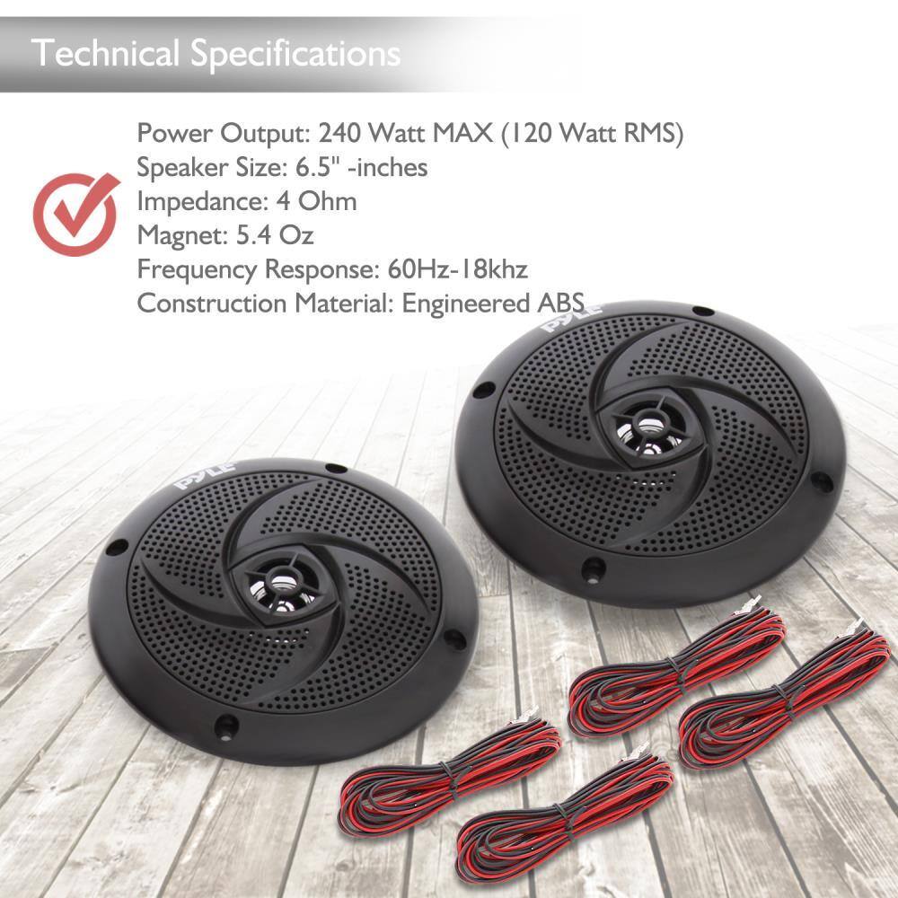 Technical Specifications

- Power Output: 240 Watt MAX (120 Watt RMS)
- Speaker Size: 6.5" - inches
- Impedance: 4 Ohm
- Magnet: 5.4 Oz
- Frequency Response: 60Hz-18kHz
- Construction Material: Engineered ABS