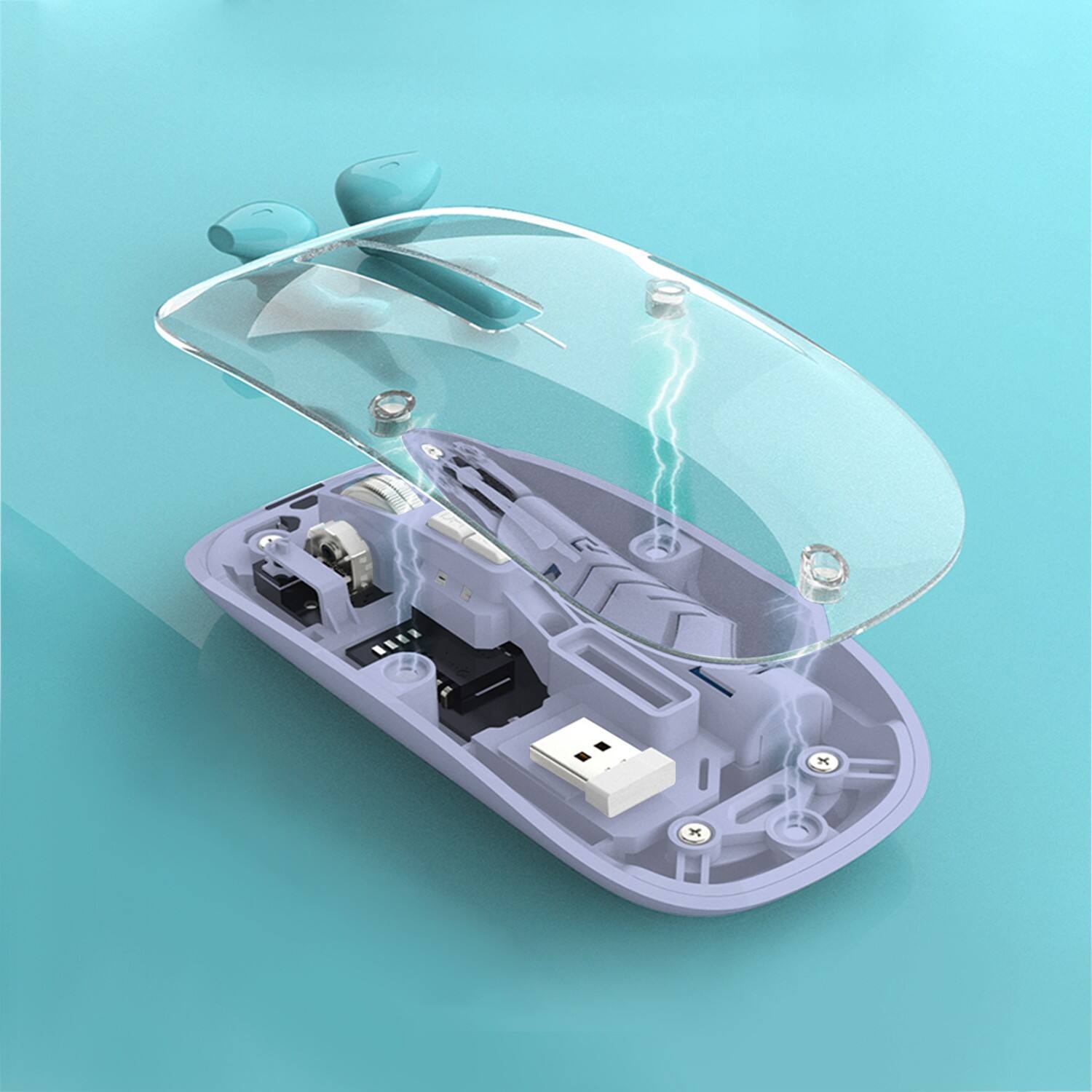 Angle. SaharaCase - Wireless Mouse | Transparent Shell | Rechargable Battery | USB & Type C Adapter | Glacier Series - Purple.