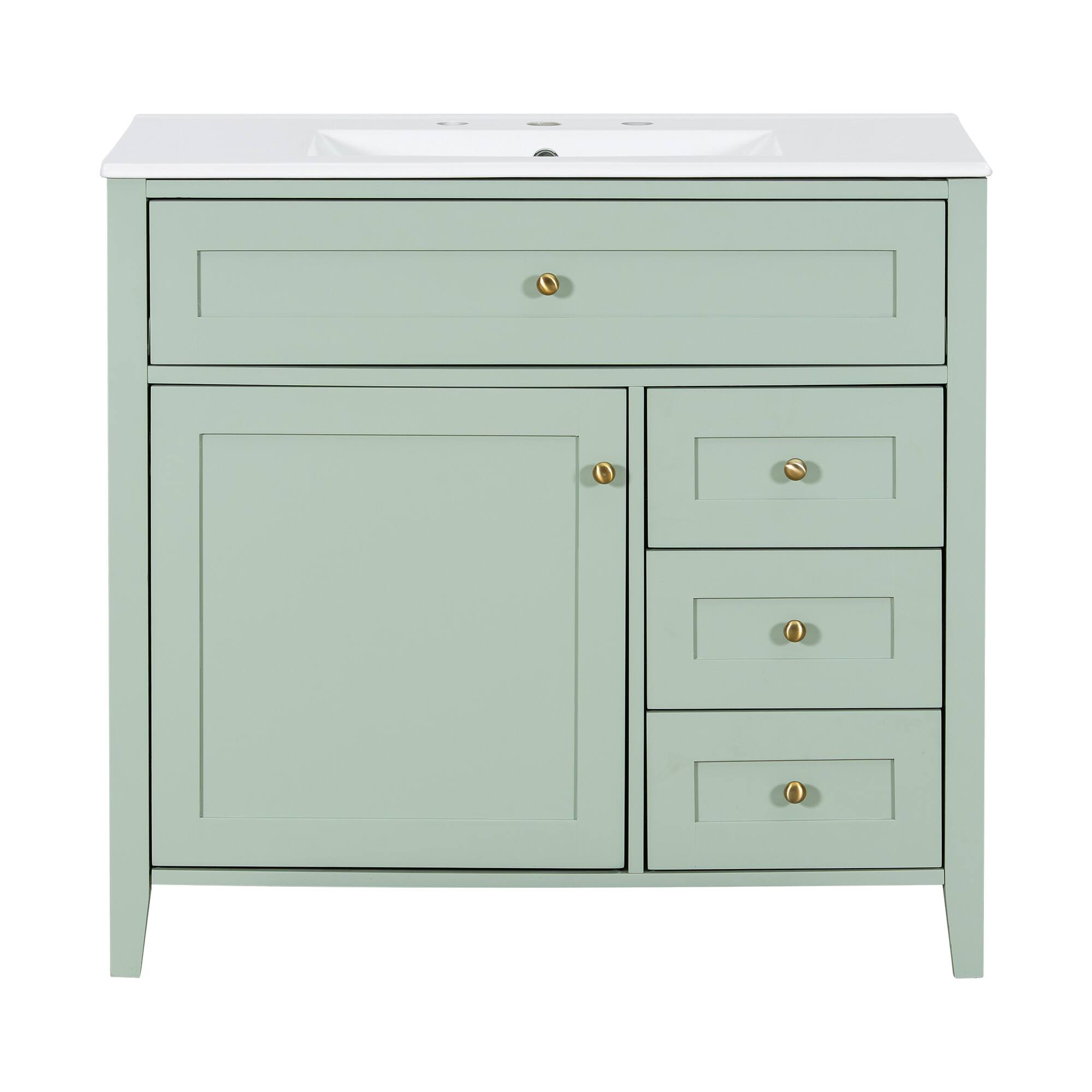 Back. Whisen - 36 Inch Bathroom Vanity with Ceramic Sink Combo Modern 3 Drawer 1 Door Storage Cabinet Freestanding - Light Green.