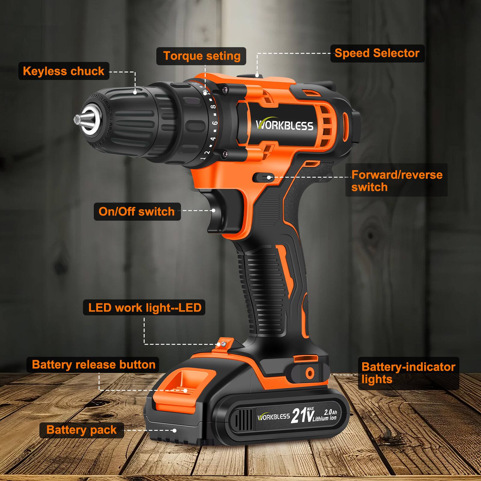 Unique Bargains WORKBLESS 21V Cordless Drill Set, 2 Batteries