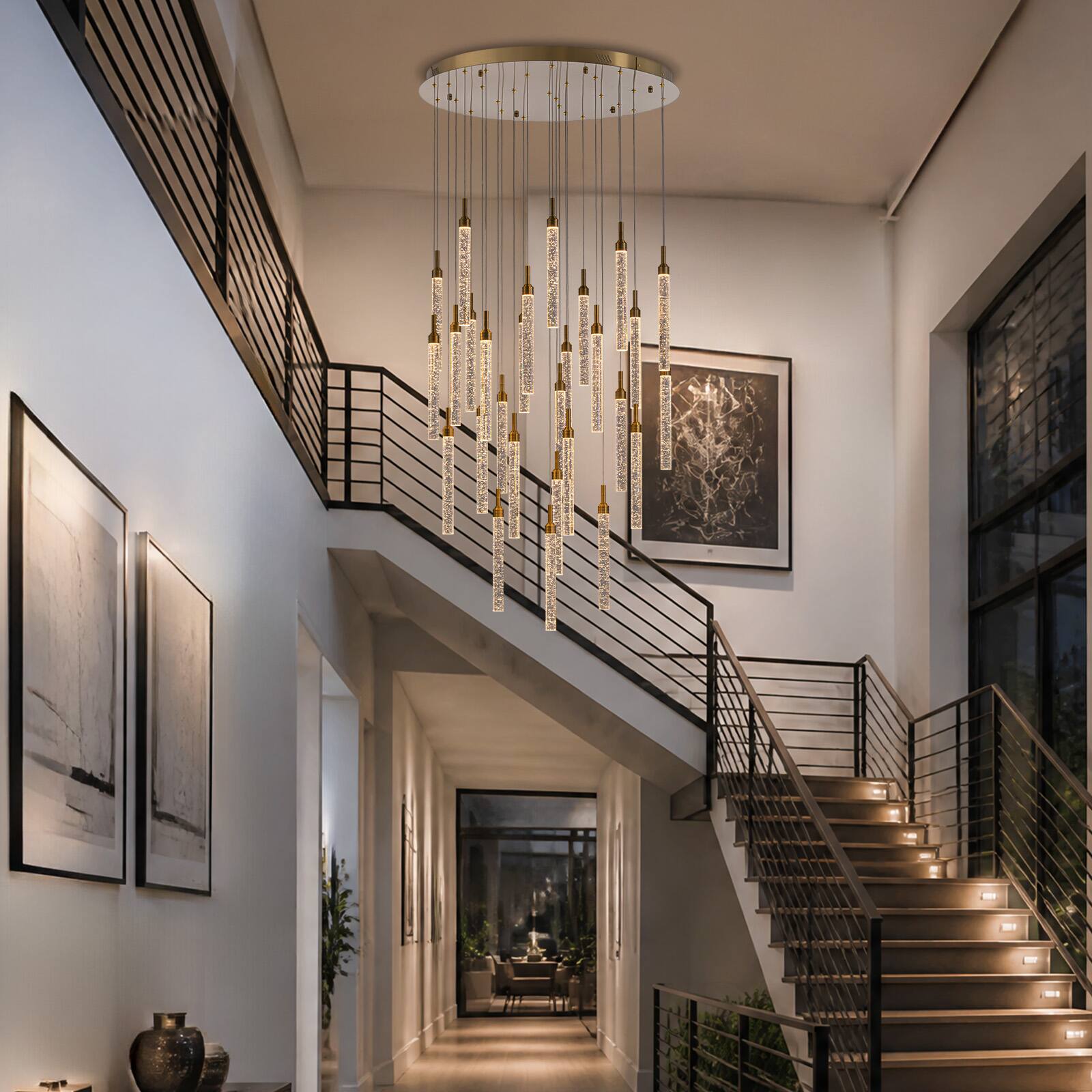 Back. Siljoy - 31.5-In Gold Bubble Glass Chandelier 28‑Light Adjustable Staircase Pendant Light for High Ceilings Foyer Living Room - Gold.