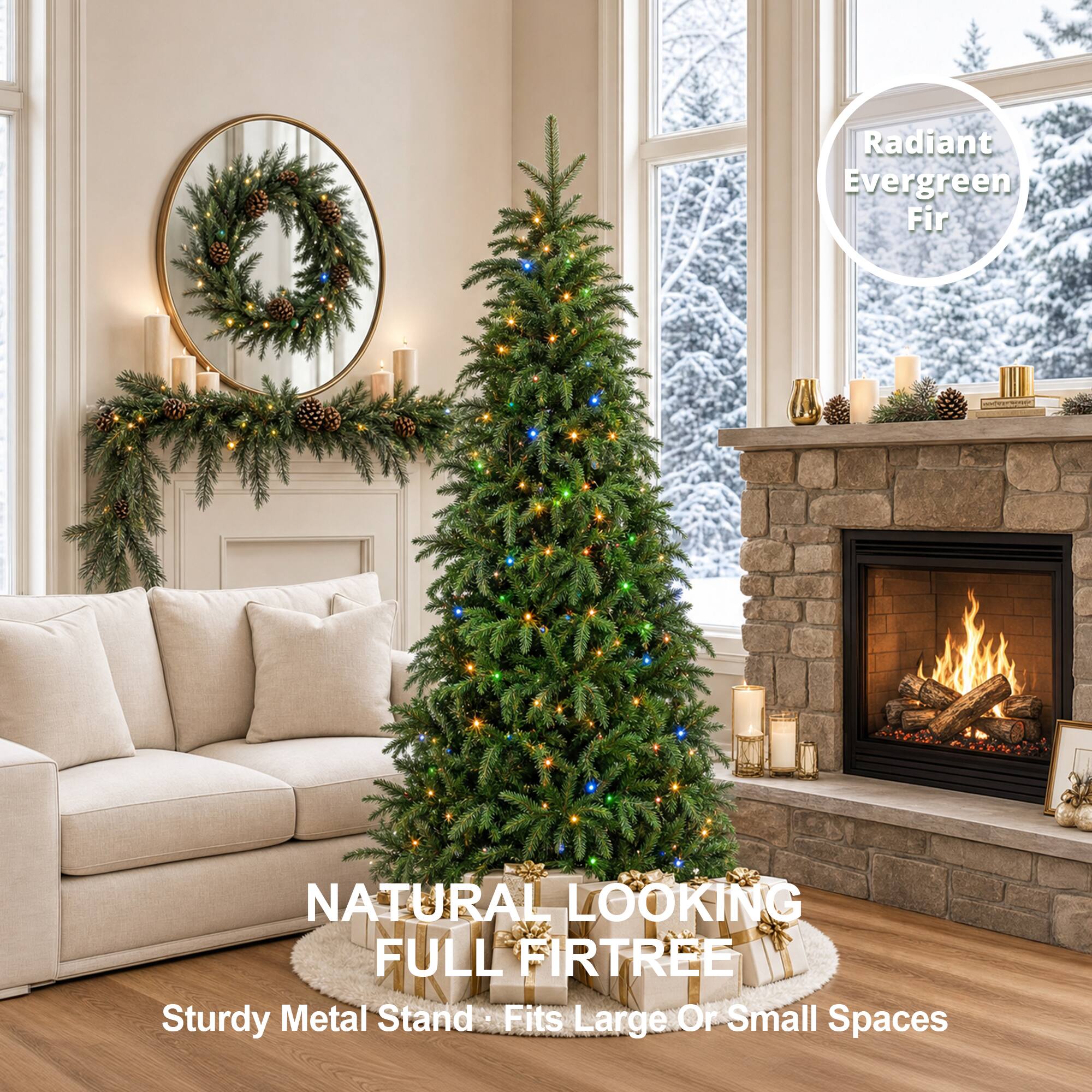 Radiant Evergreen Fir  
NATURAL LOOKING FULL FIR TREE  
Sturdy Metal Stand - Fits Large Or Small Spaces