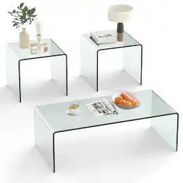 Costway - Tempered Glass Coffee Table Set of 3, Coffee Table & 2 End Tables for Home - Clear