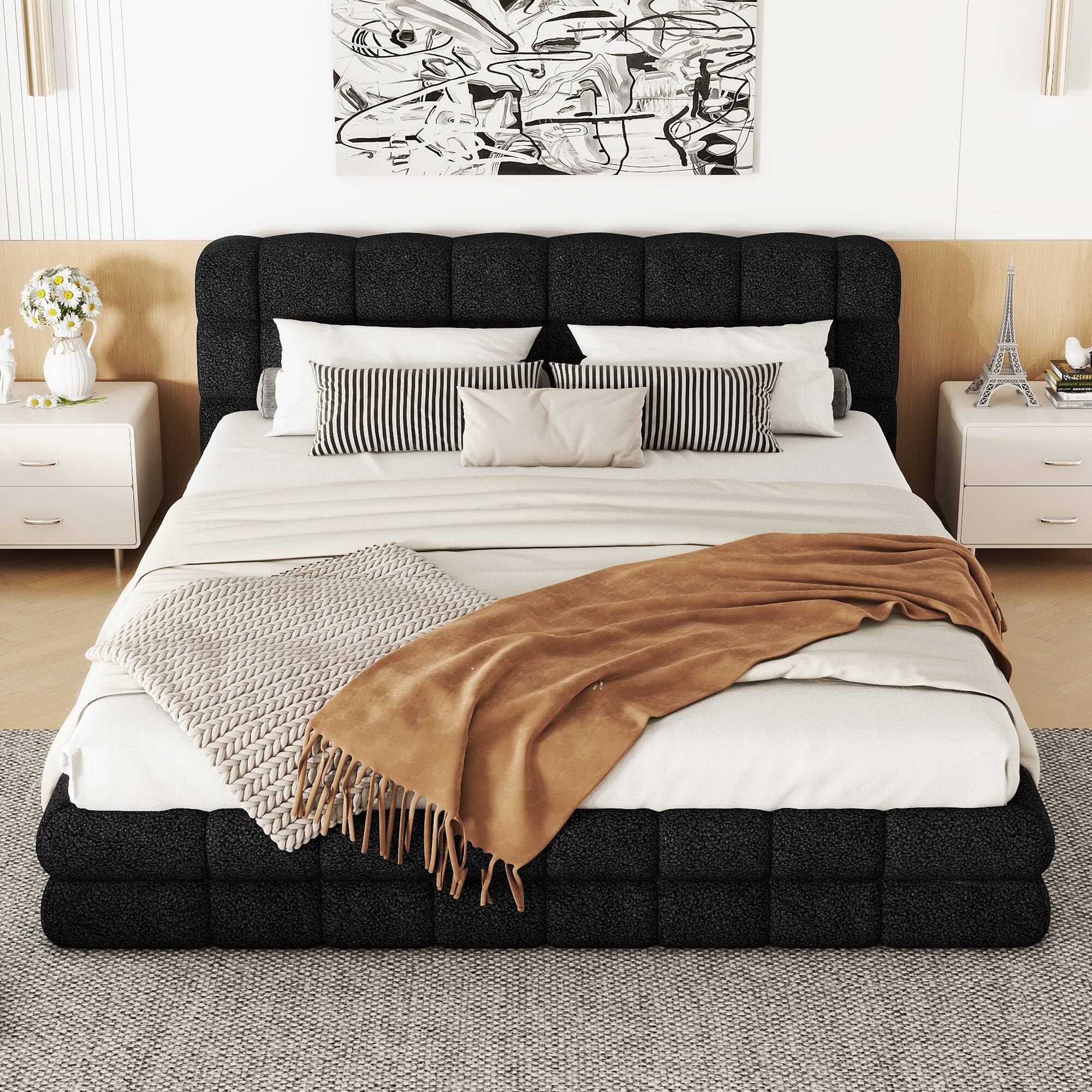 Angle. LUCKY ONE - Queen Size Upholstered Platform Bed - Black.