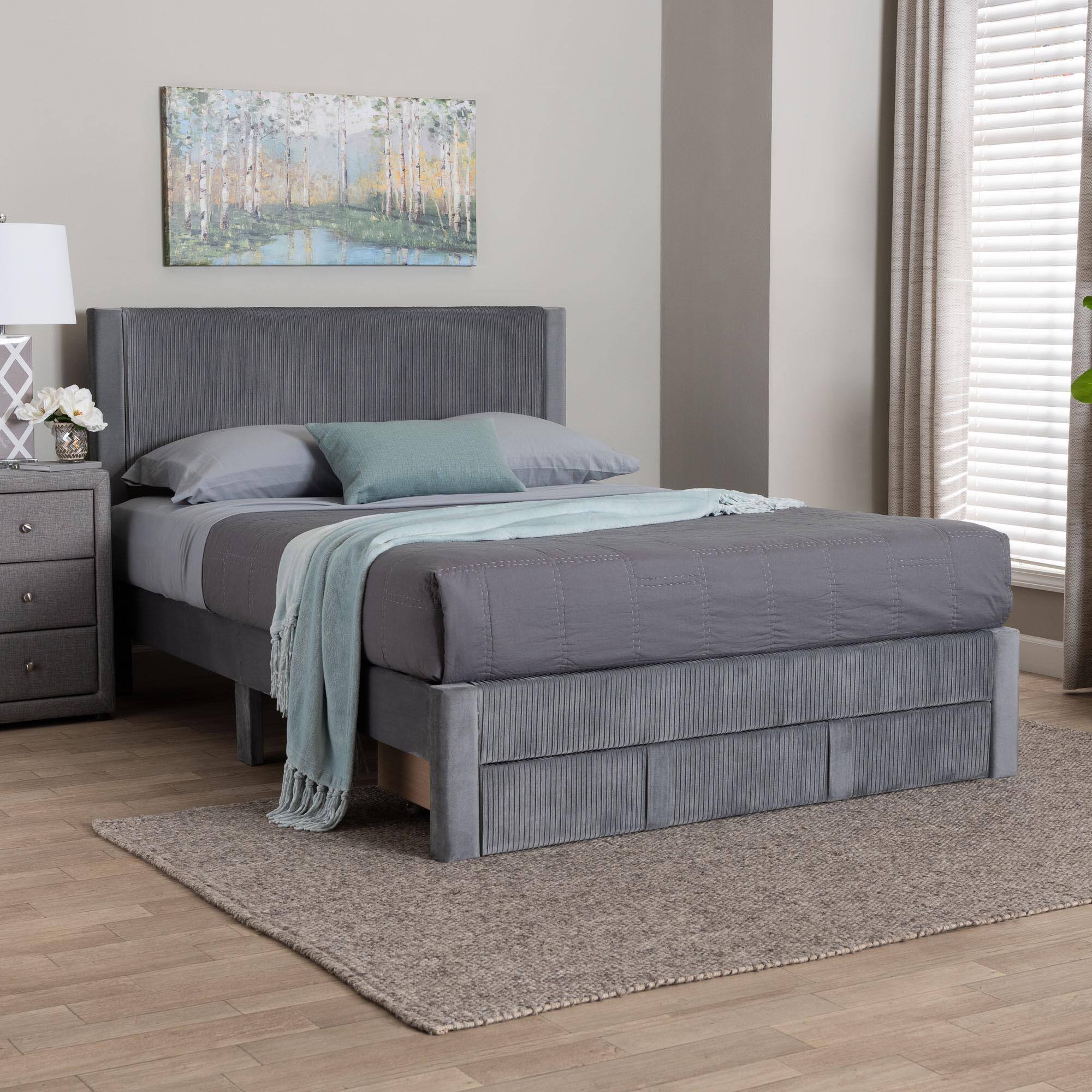 Alt View 5. Baxton Studio - Elora Modern Pleated Velvet Queen Size Storage Bed - Grey.