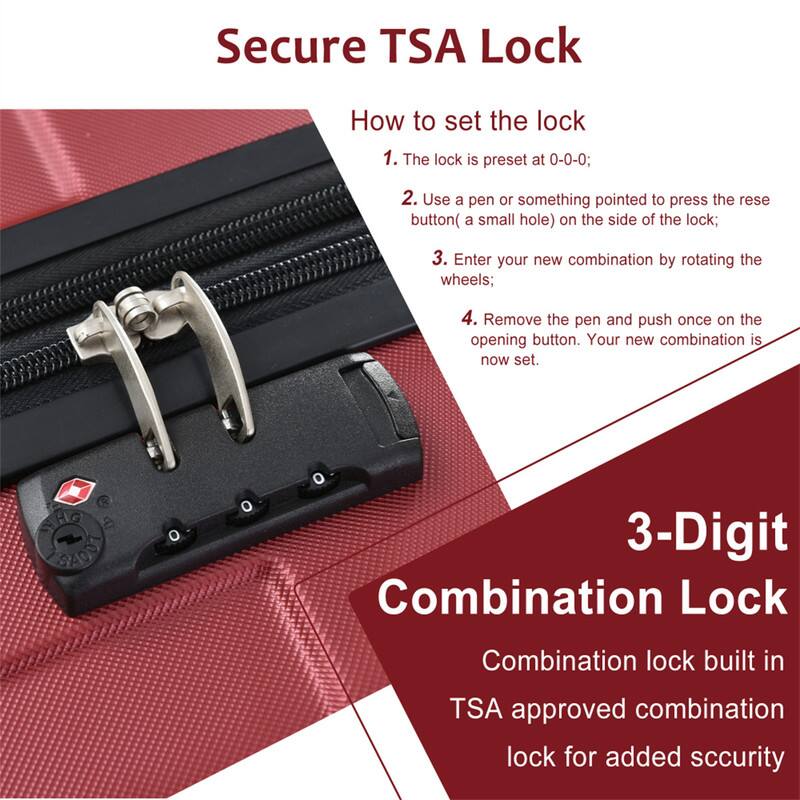 Secure TSA Lock

How to set the lock
1. The lock is preset at 0-0-0;
2. Use a pen or something pointed to press the reset button (a small hole) on the side of the lock;
3. Enter your new combination by rotating the wheels;
4. Remove the pen and push once on the opening button. Your new combination is now set.

3-Digit Combination Lock
Combination lock built in TSA approved combination lock for added security