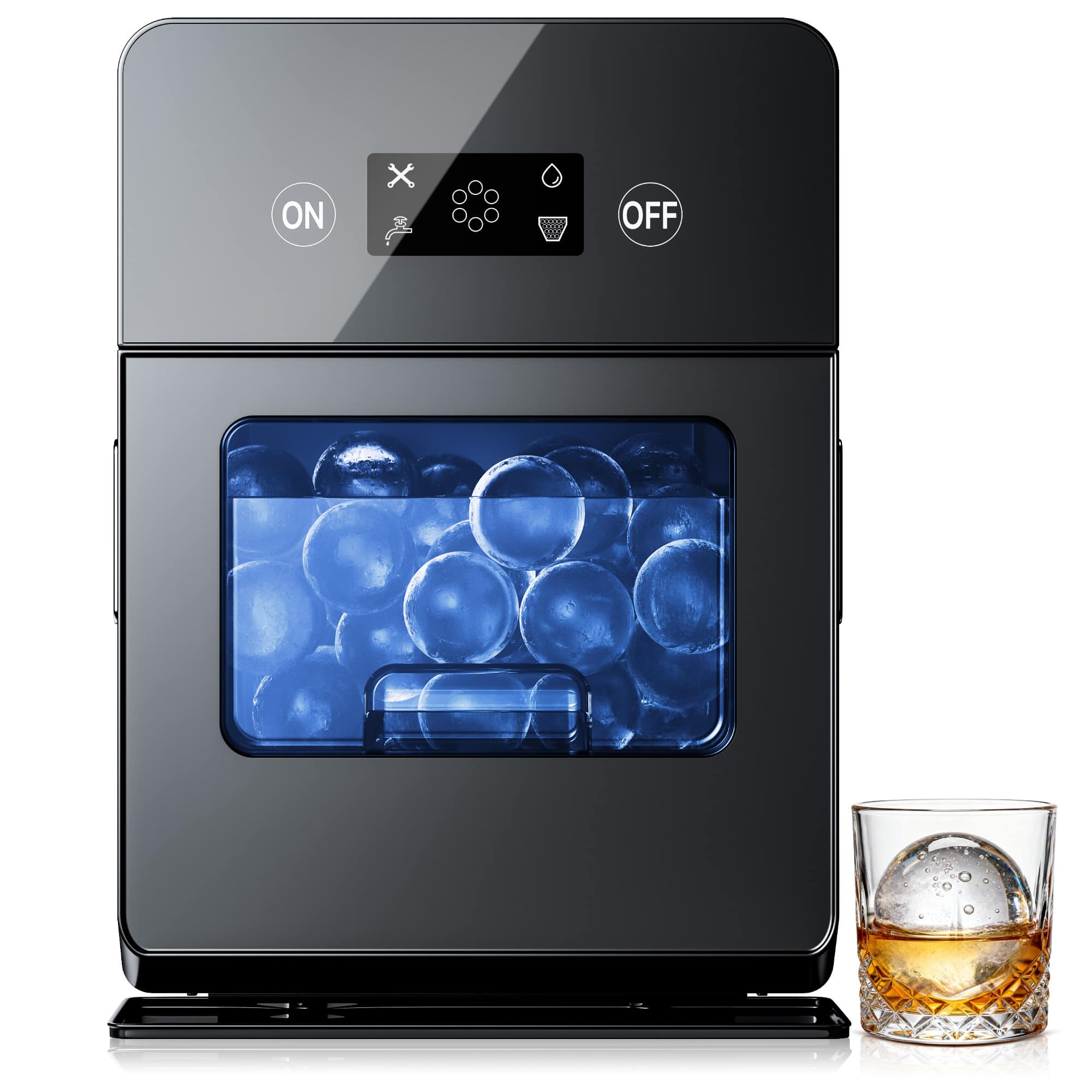 Front. SIMZLIFE - 4 Pcs in 38Mins Clear Ice Ball Maker,150Pcs/day, 2'',Self-Cleaning, Sphere Ice Maker for Whiskey/Brandy - Black.